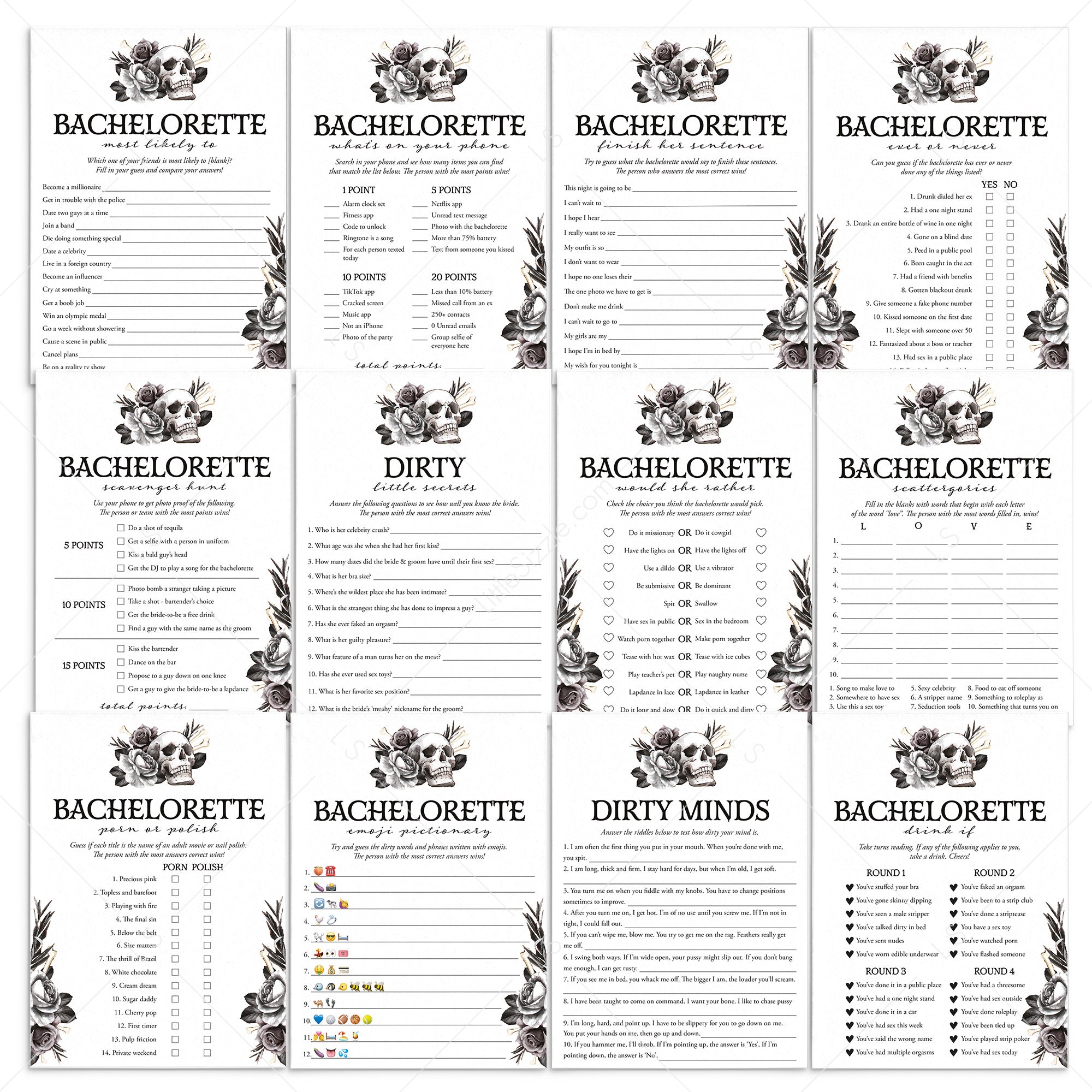 Bride or Die Bachelorette Party Games Bundle Black Floral Skull by LittleSizzle