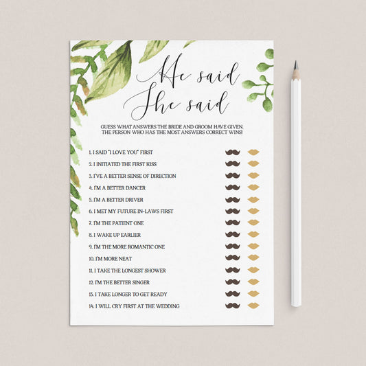 botanical wedding game he said she said printable by LittleSizzle