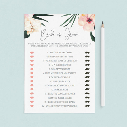 Bride vs Groom Game Template for Tropical Theme Bridal Shower by LittleSizzle