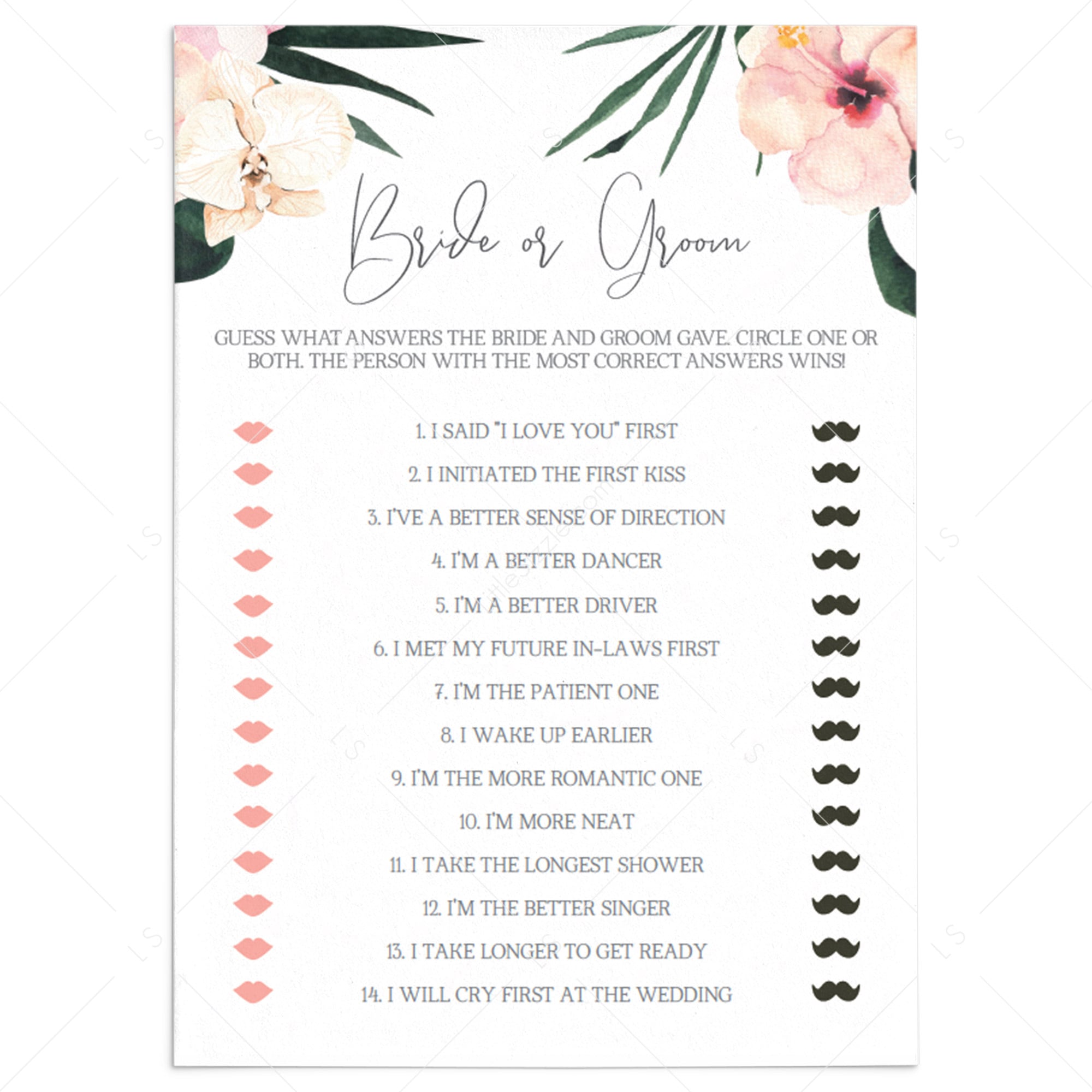 Bride vs Groom Game Template for Tropical Theme Bridal Shower by LittleSizzle
