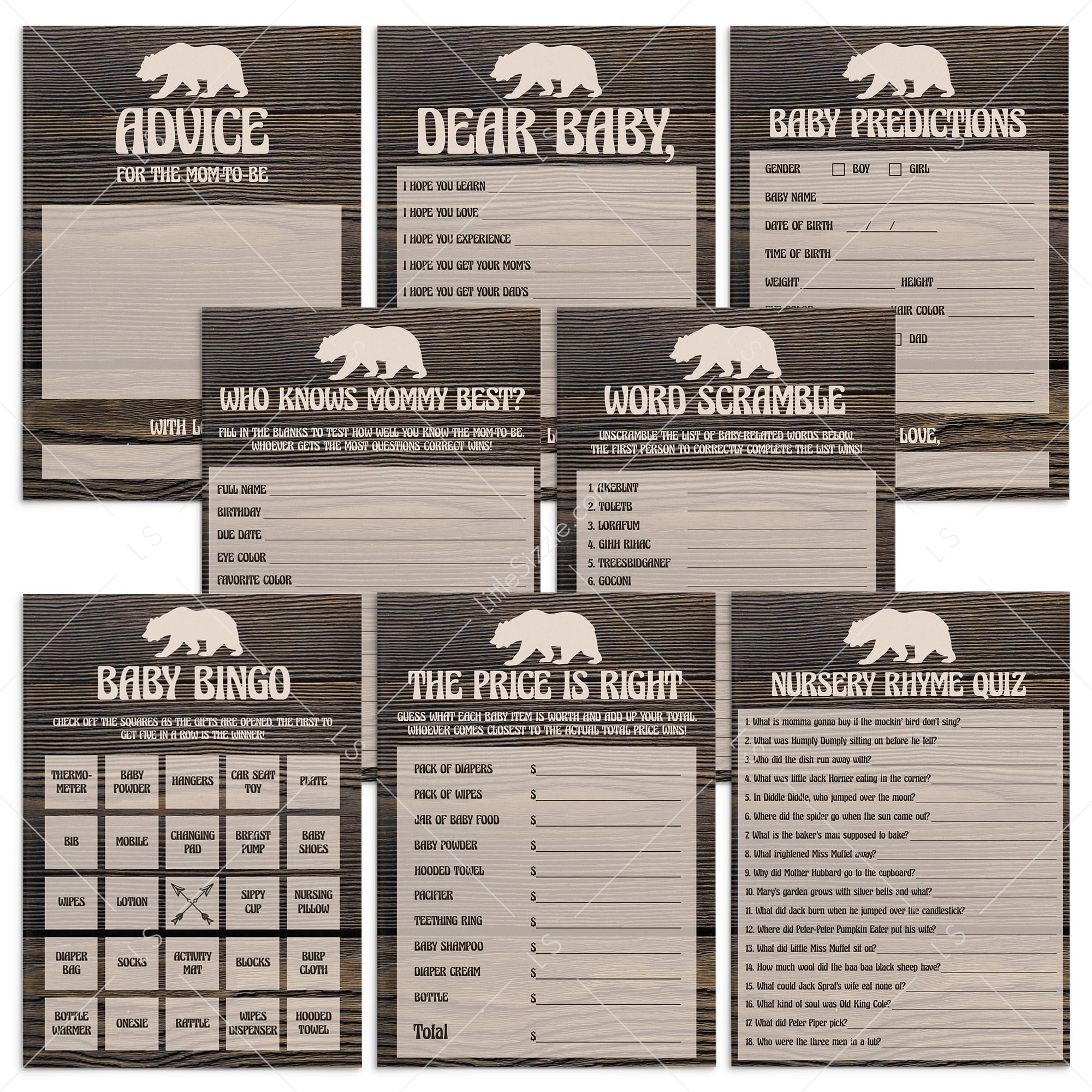 Rustic animal baby shower games package by LittleSizzle