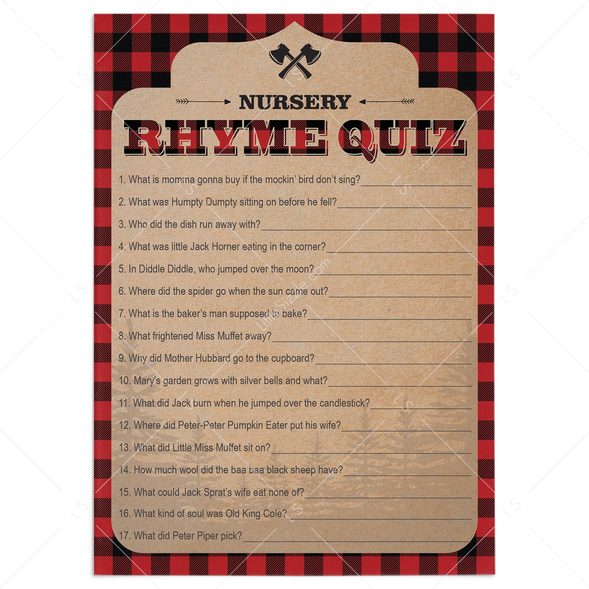 Red and Black Buffalo Plaid Nursery Rhyme Quiz Printable by LittleSIzzle