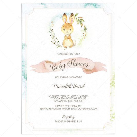 Watercolor Bunny Baby Shower Invitation Template by LittleSizzle