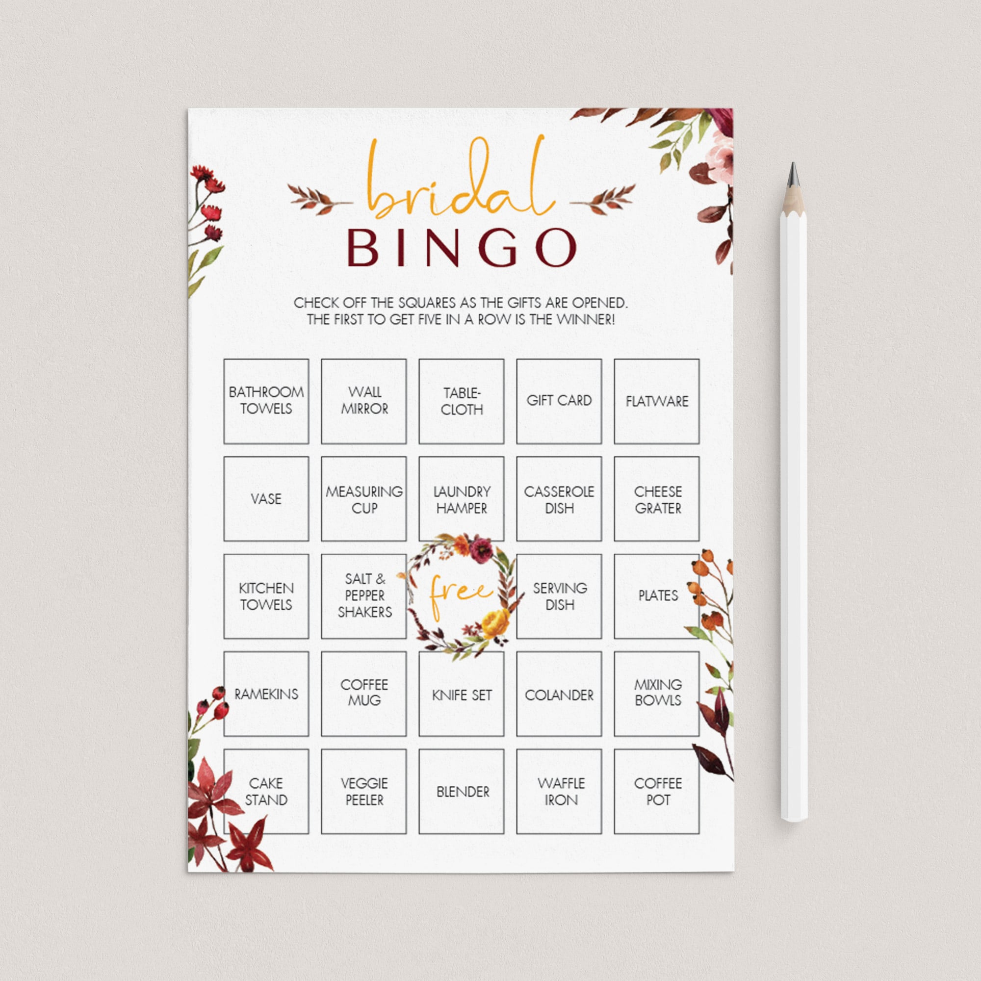 Complete Bridal Shower Bingo Game Fall Theme by LittleSizzle