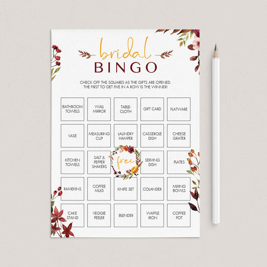 Complete Bridal Shower Bingo Game Fall Theme by LittleSizzle