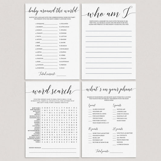 Calligraphy Baby Shower Games Pack Download by LittleSizzle