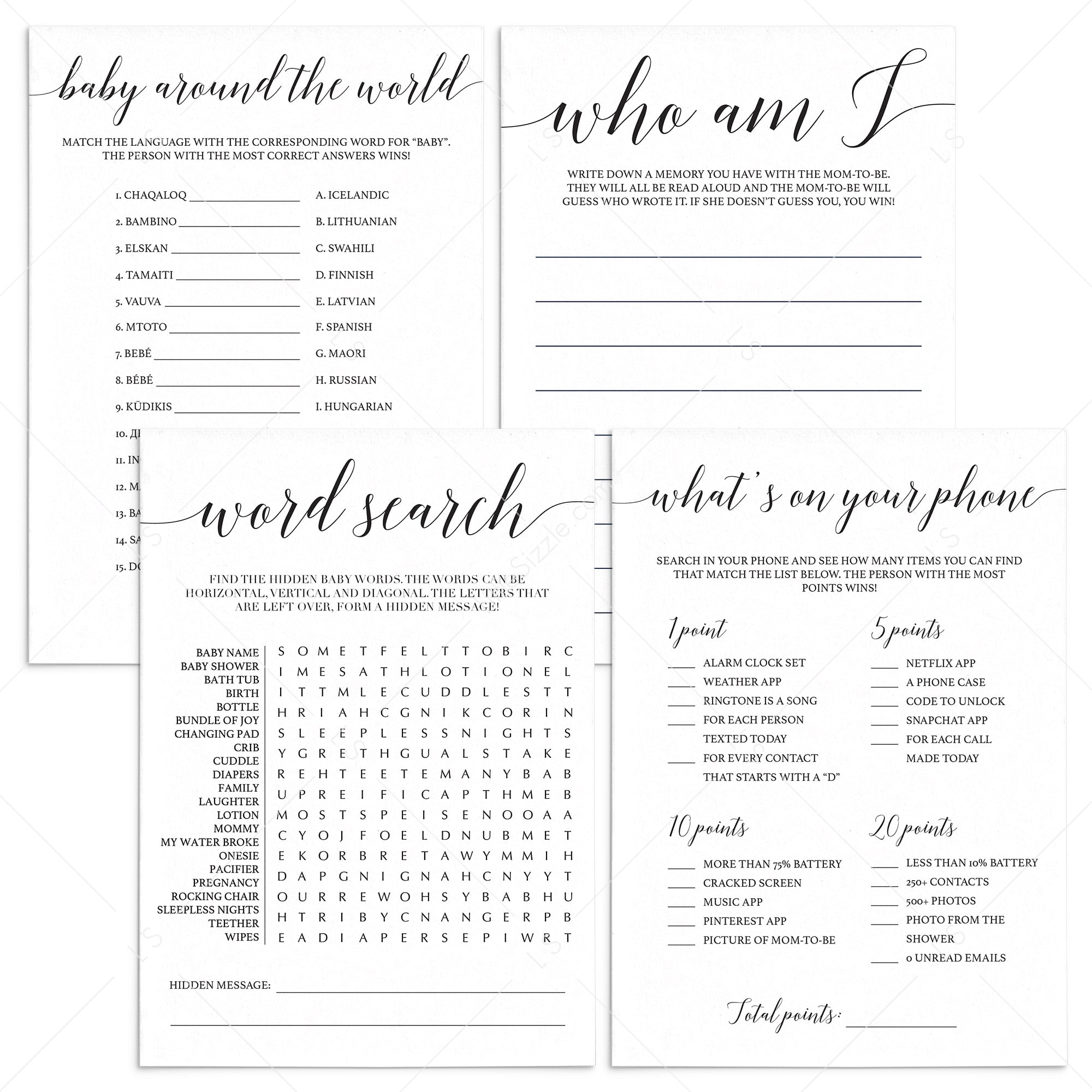 Calligraphy Baby Shower Games Pack Download by LittleSizzle