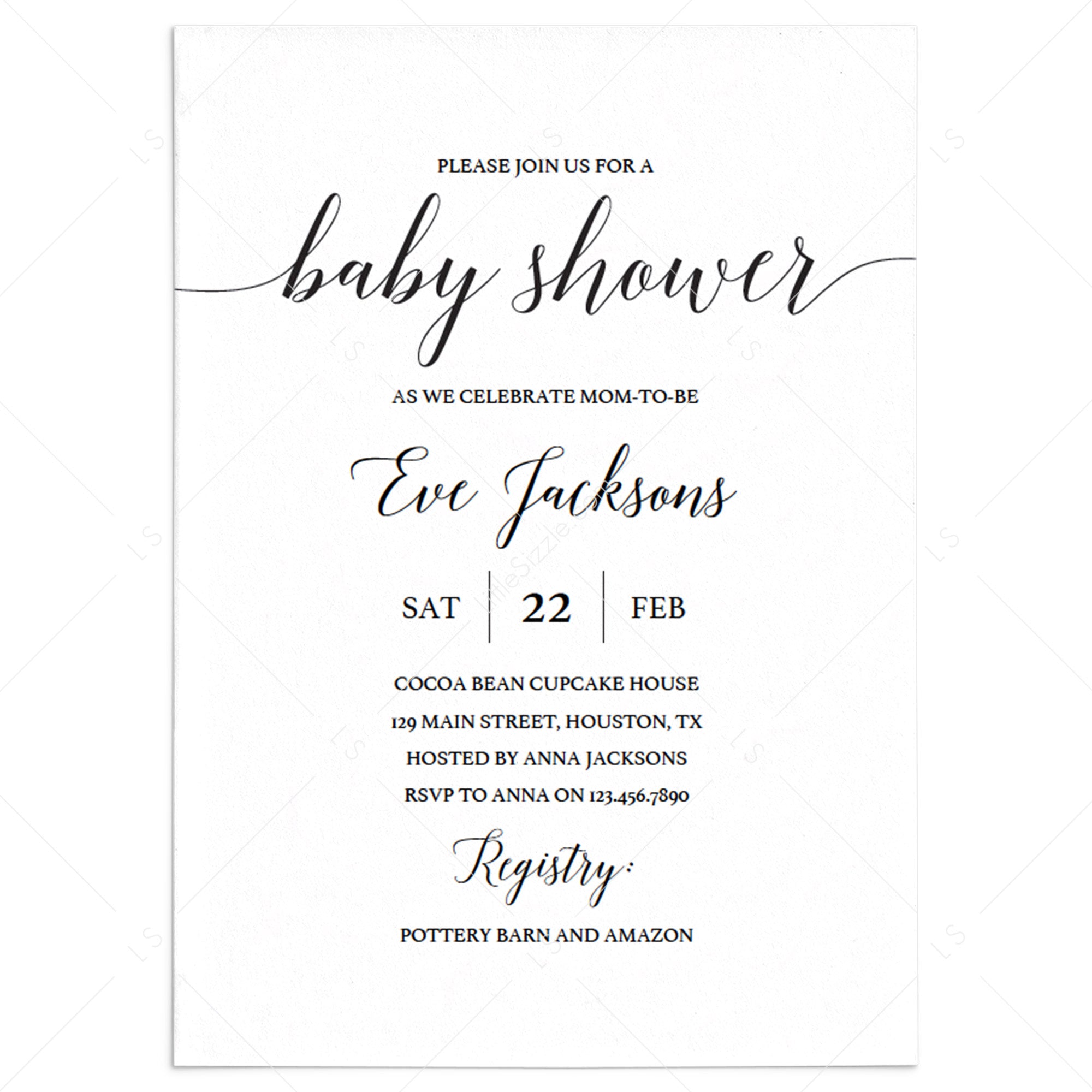 Calligraphy Baby Shower Invitation Template Black and White by LittleSizzle