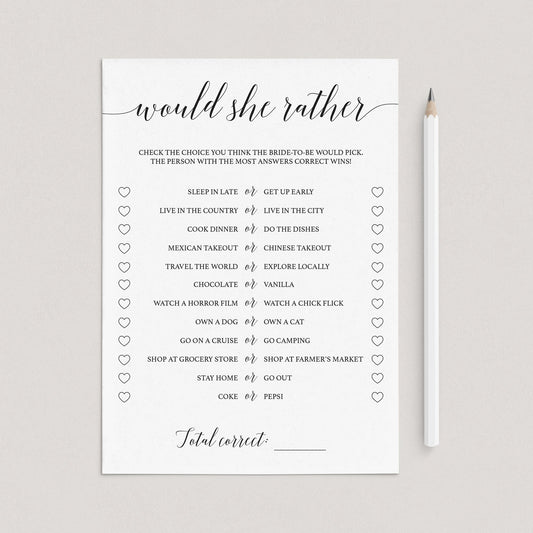 Minimal Bridal Shower Would She Rather Game Black and White by LittleSizzle