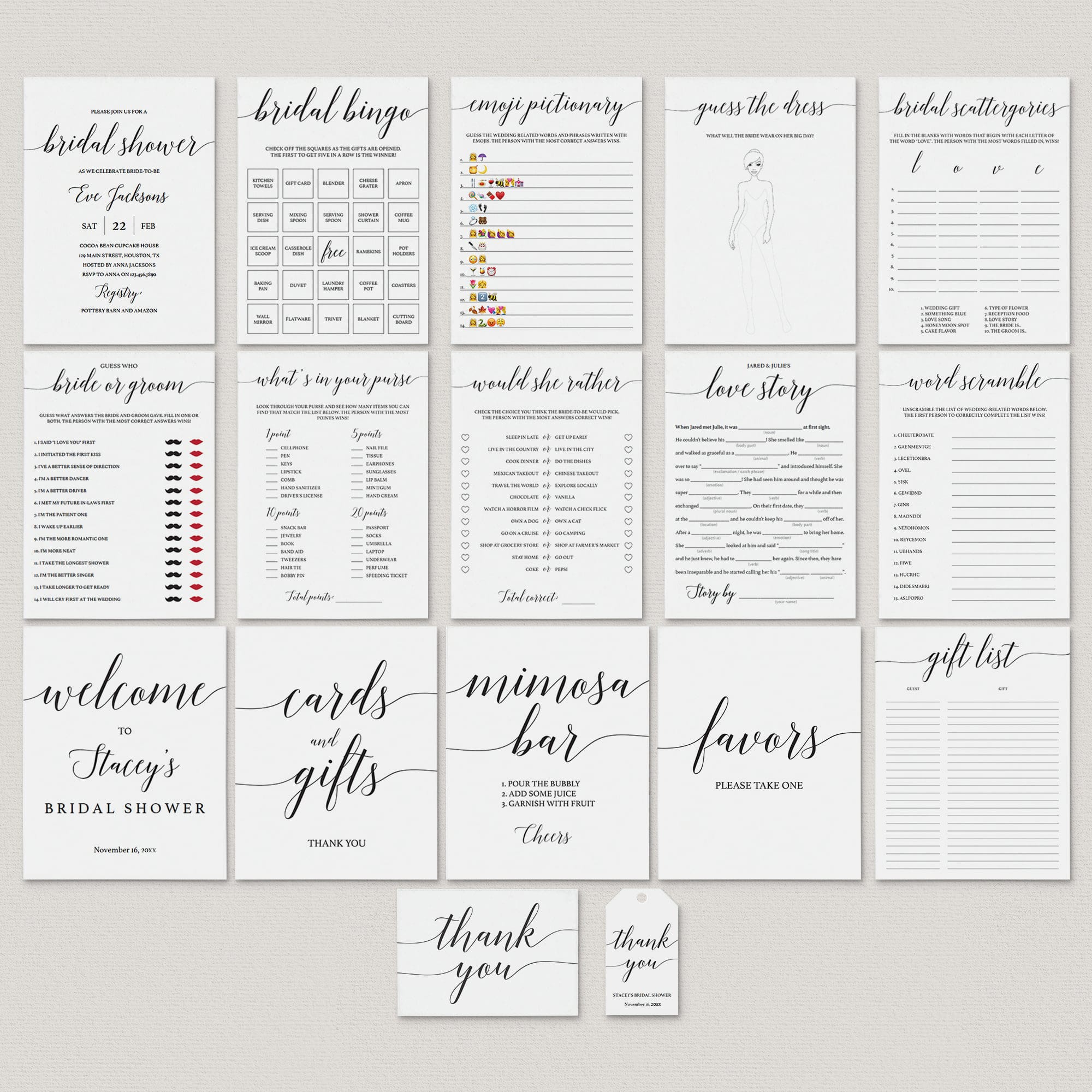 Minimalist Bridal Shower Bundle Black & White Calligraphy by LittleSizzle