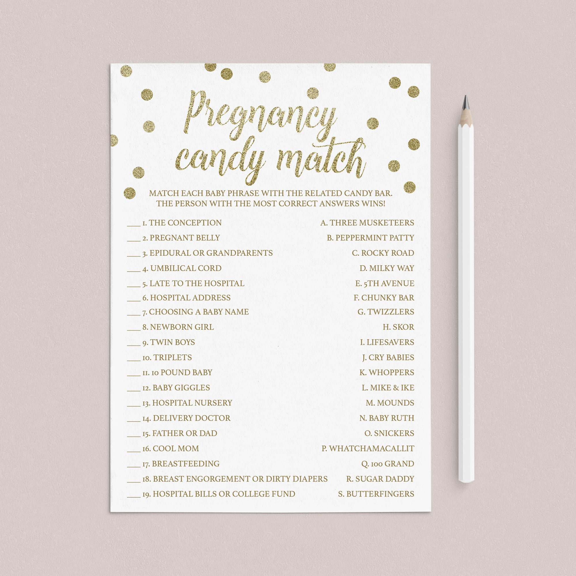 Unique Baby Shower Game Candy Bar Match Gold Confetti by LittleSizzle