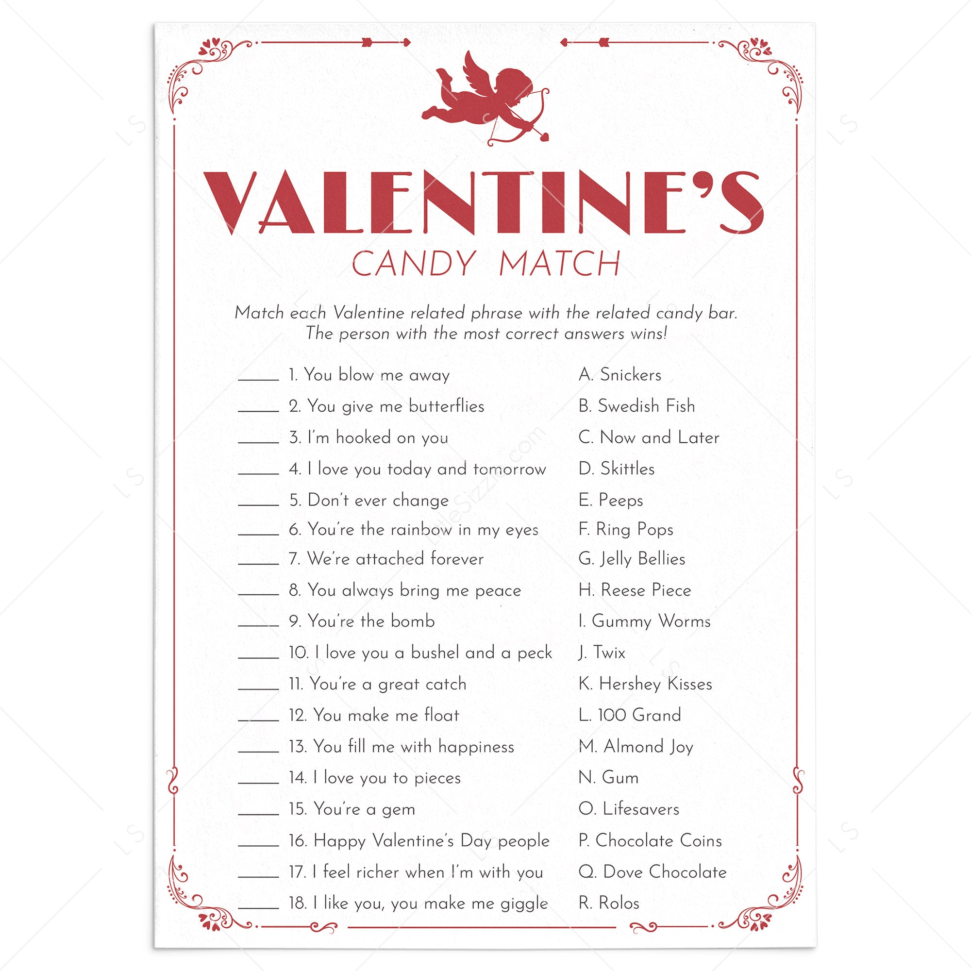 Valentines Candy Bar Match Game Printable with Answers – LittleSizzle