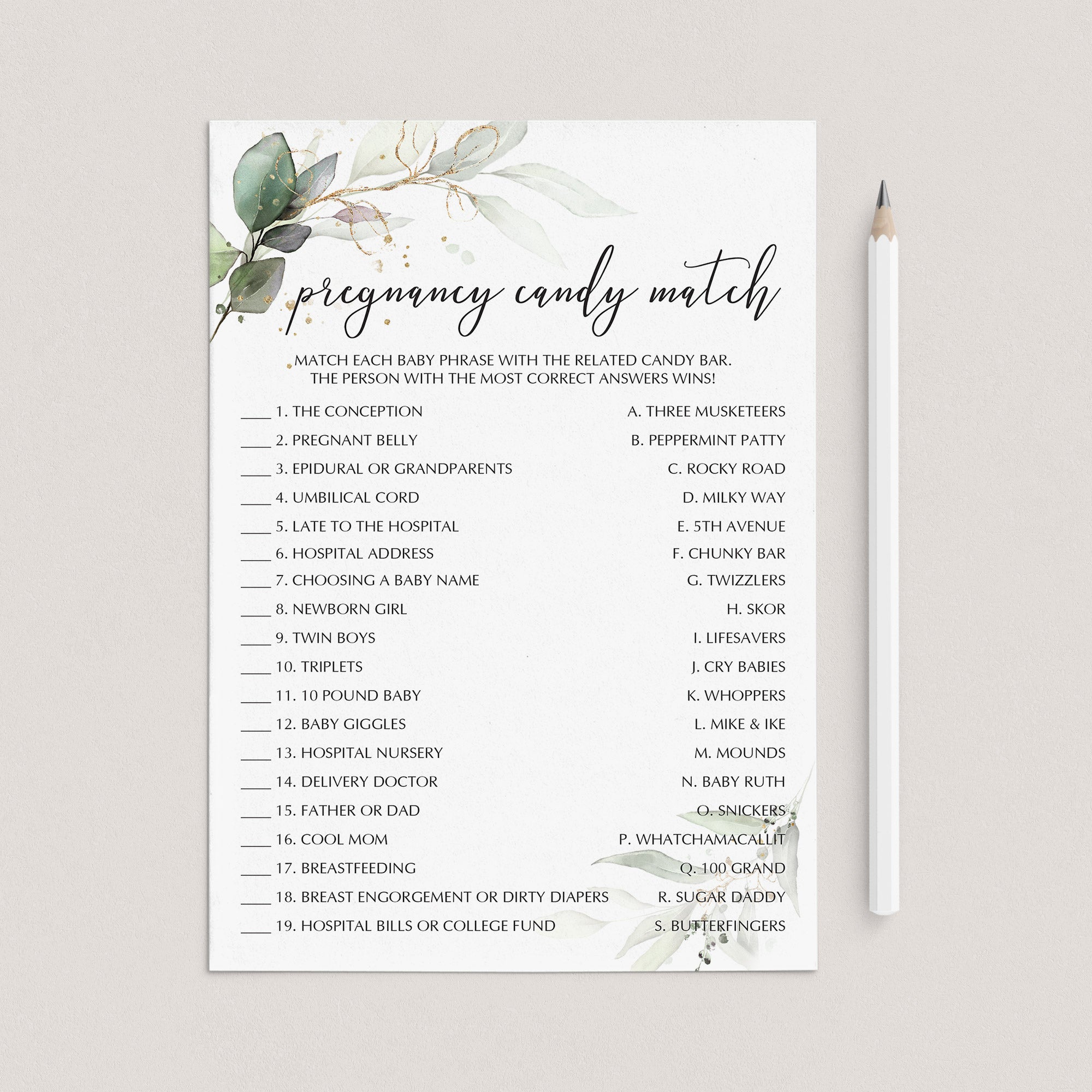 Greenery Gold Baby Shower Game Pregnancy Candy Match by LittleSizzle