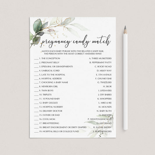 Greenery Gold Baby Shower Game Pregnancy Candy Match by LittleSizzle