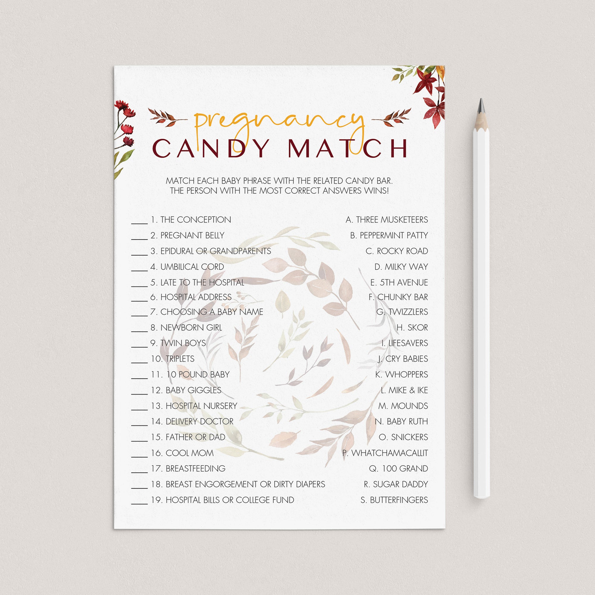 Autumn Leaves Baby Shower Game Printable Pregnancy Candy Match by LittleSizzle