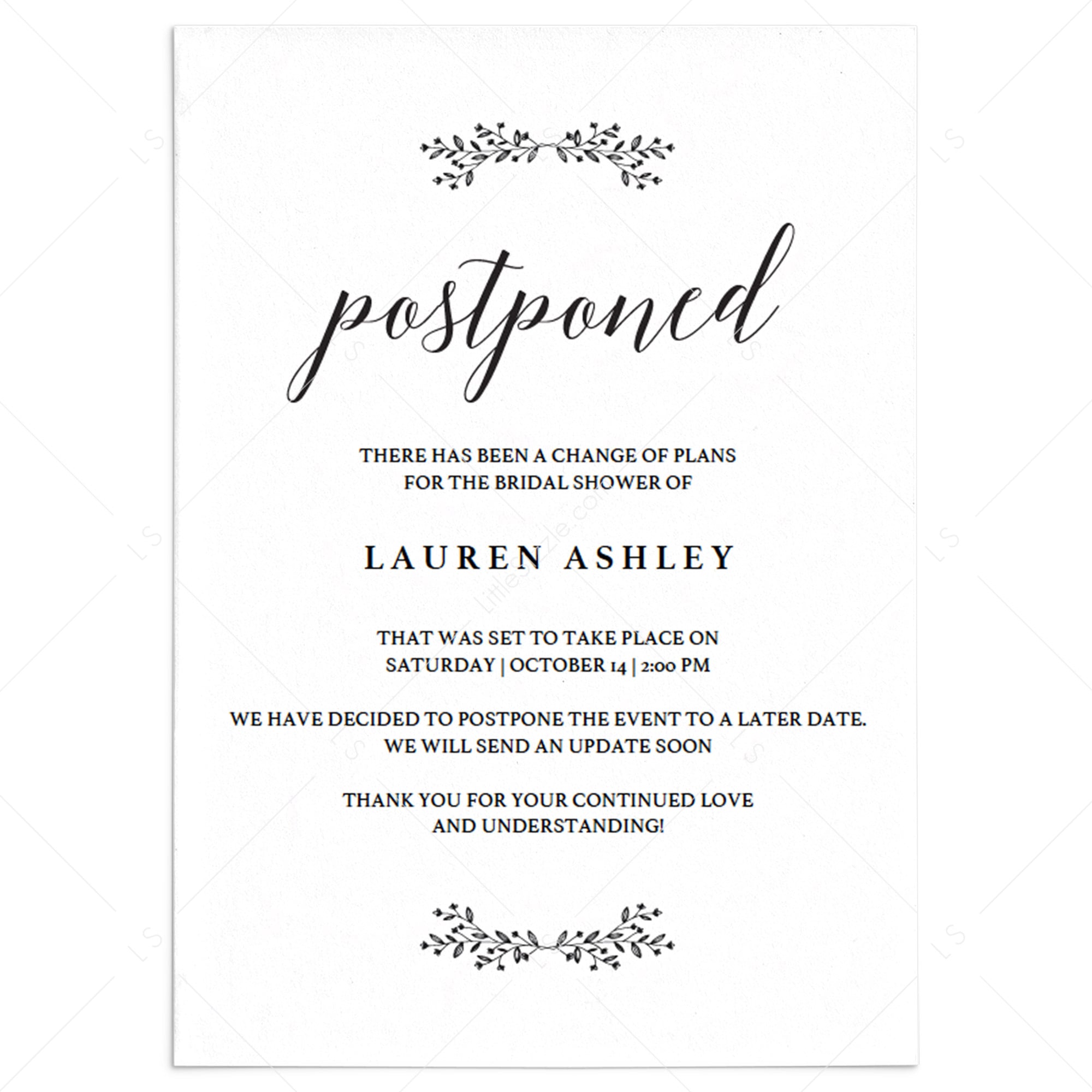Rustic wedding change the date card template by LittleSizzle