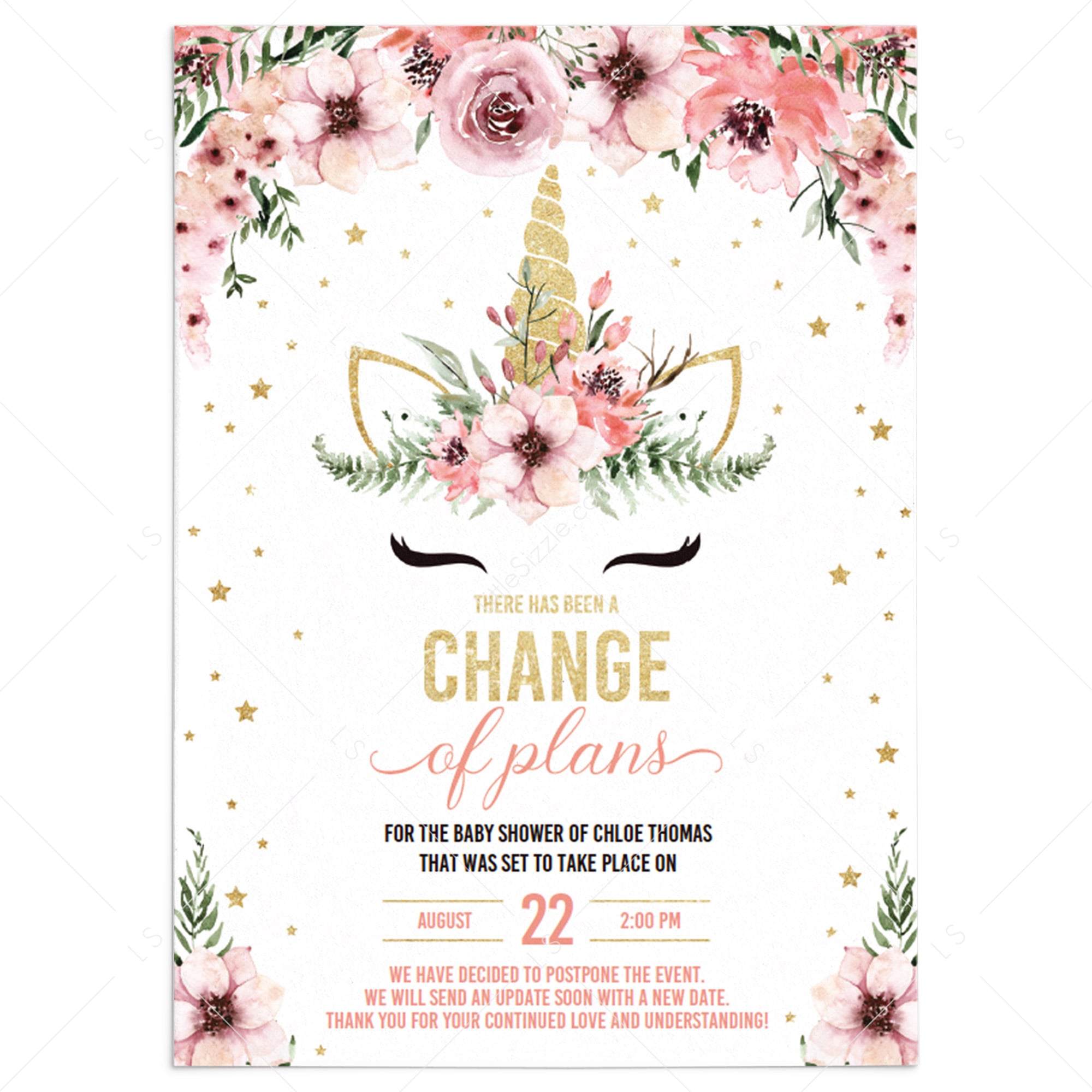 Change of Date Girl Baby Shower Announcement Card PDF Template by LittleSizzle