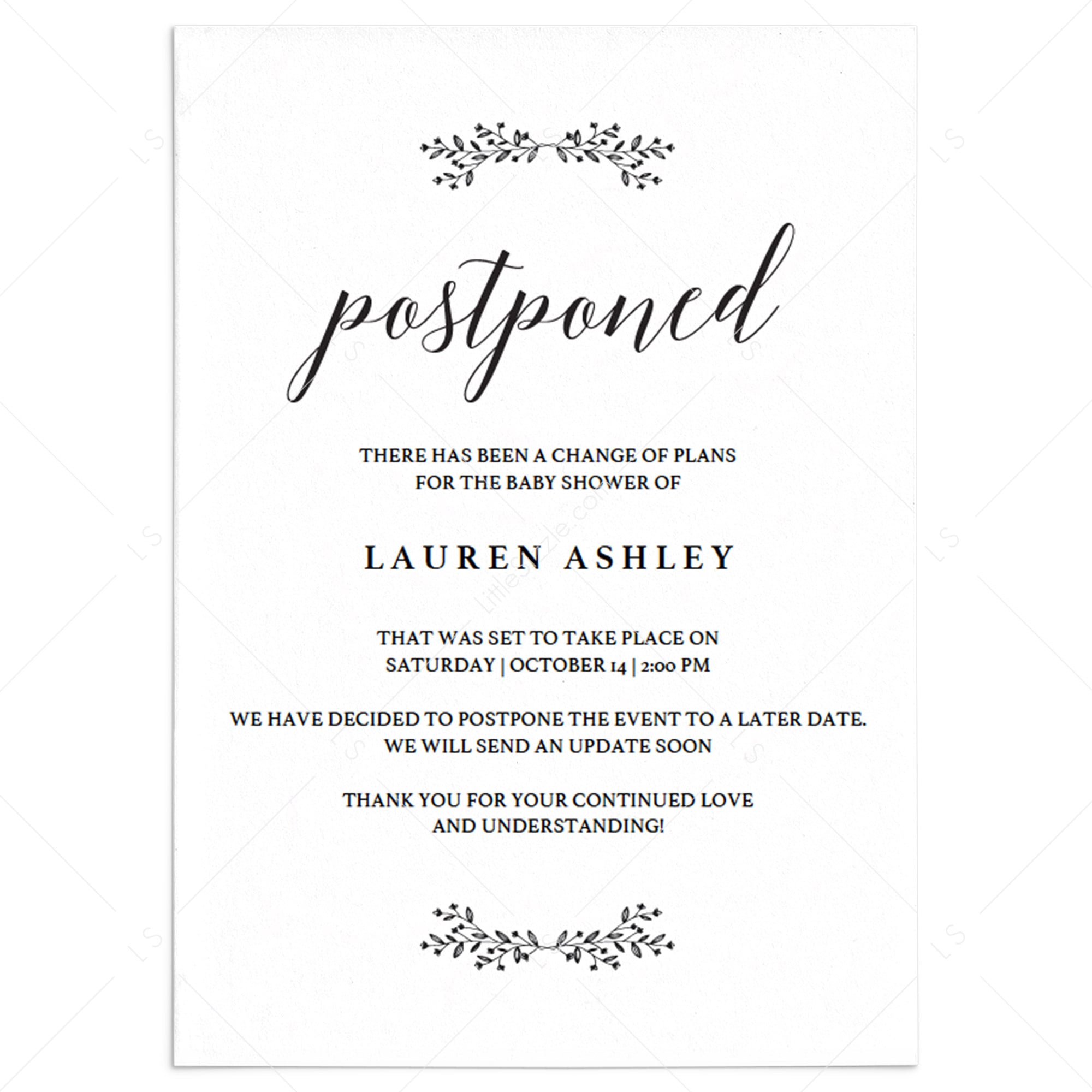 Change of Date Baby Shower Announcement Card by LittleSizzle