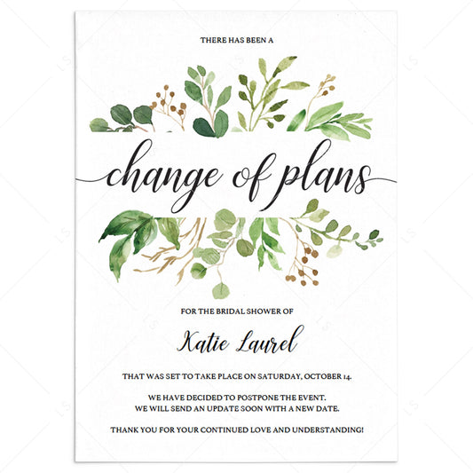 Cancellation or Postponed Bridal Shower Card Green Leaves by LittleSizzle