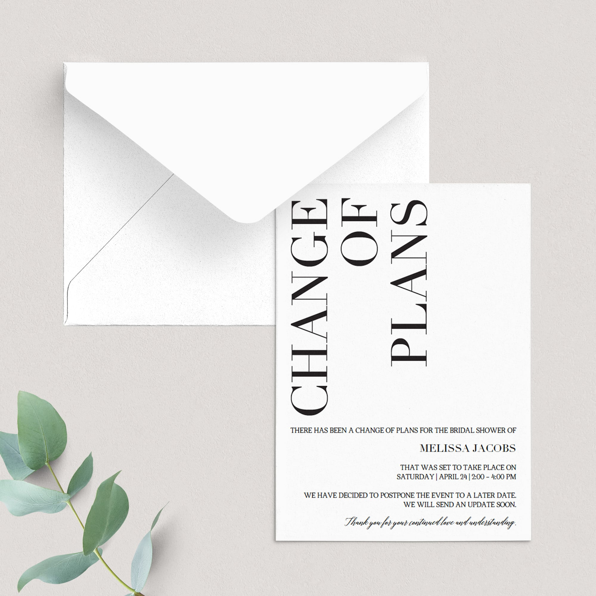 Modern postponed announcement cards by LittleSizzle