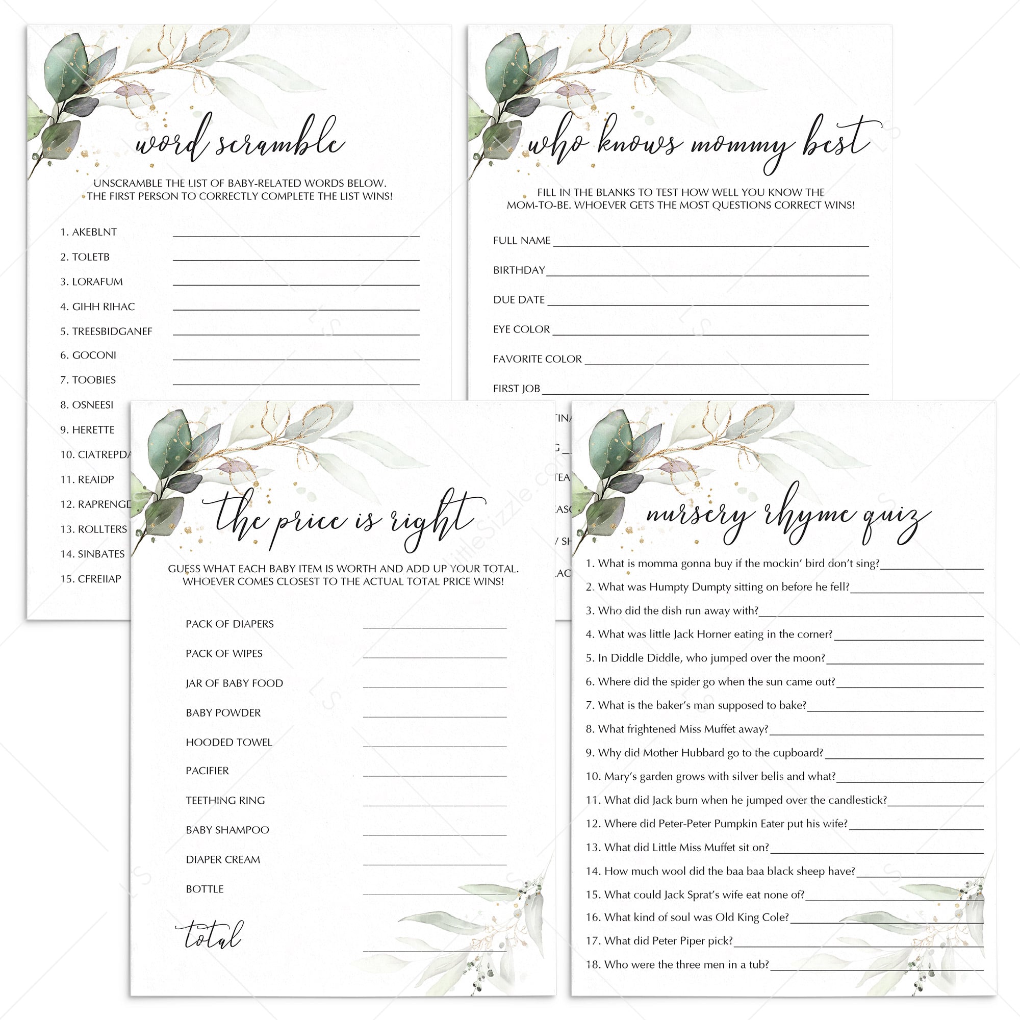 Greenery and Gold Baby Shower Games Bundle Printable by LittleSizzle