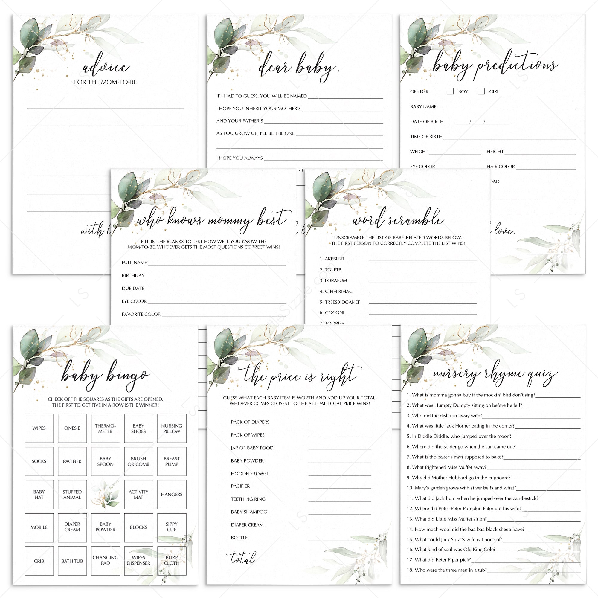 8 Greenery and Gold Themed Baby Shower Games Printable by LittleSizzle