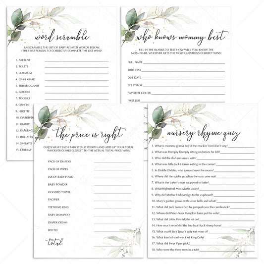 Greenery and Gold Baby Shower Games Bundle Printable by LittleSizzle
