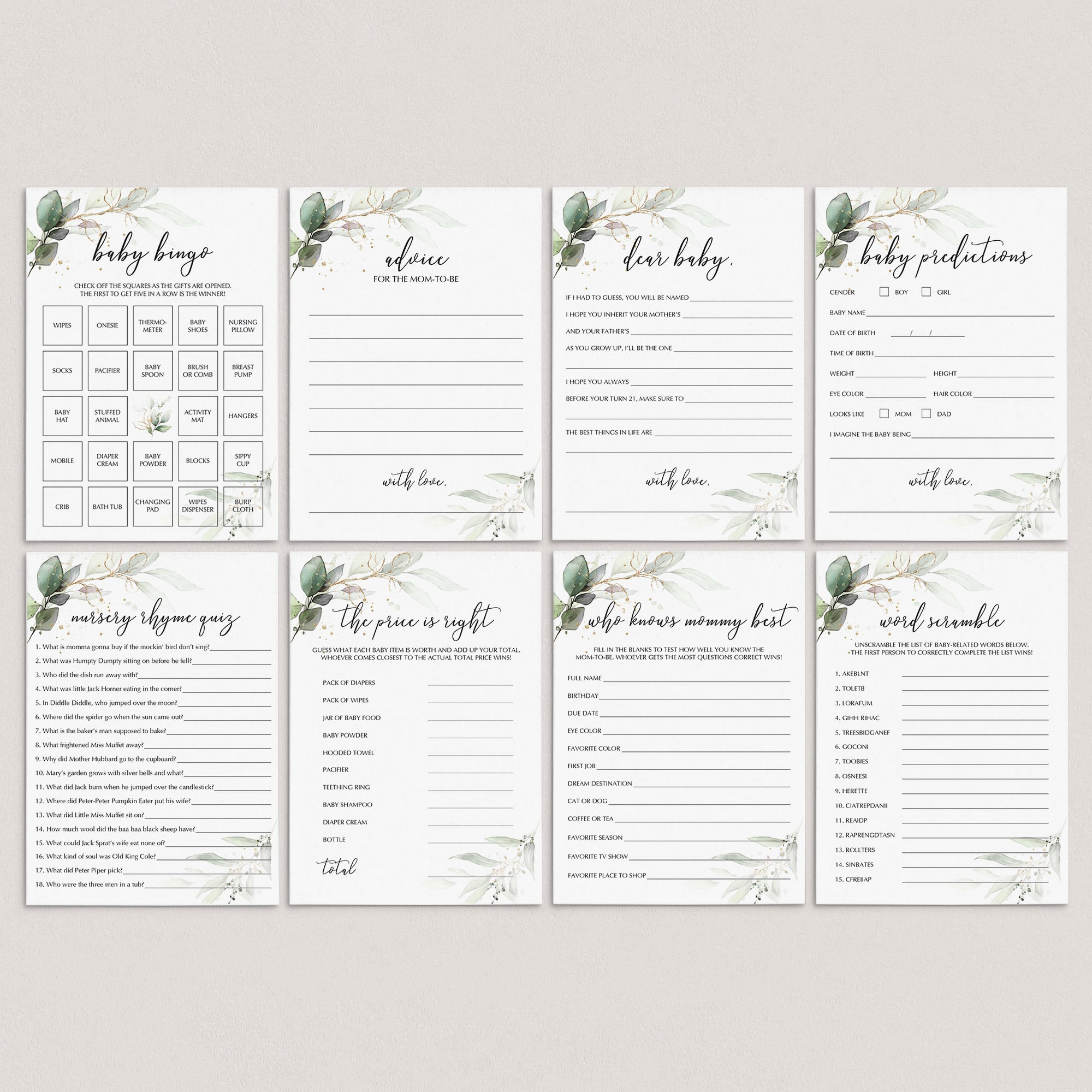 8 Greenery and Gold Themed Baby Shower Games Printable by LittleSizzle