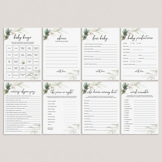 8 Greenery and Gold Themed Baby Shower Games Printable by LittleSizzle
