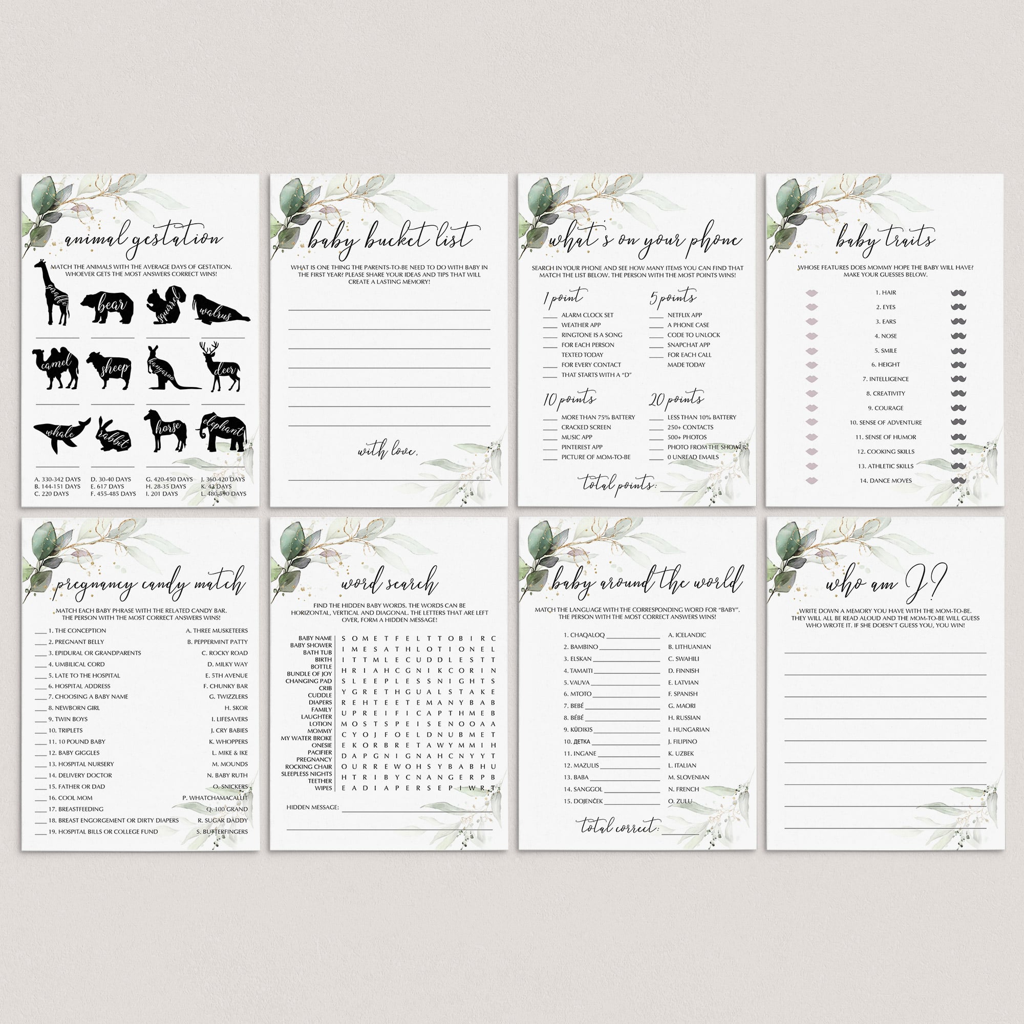 Greenery and Gold Baby Games Pack Printable DIY by LittleSizzle