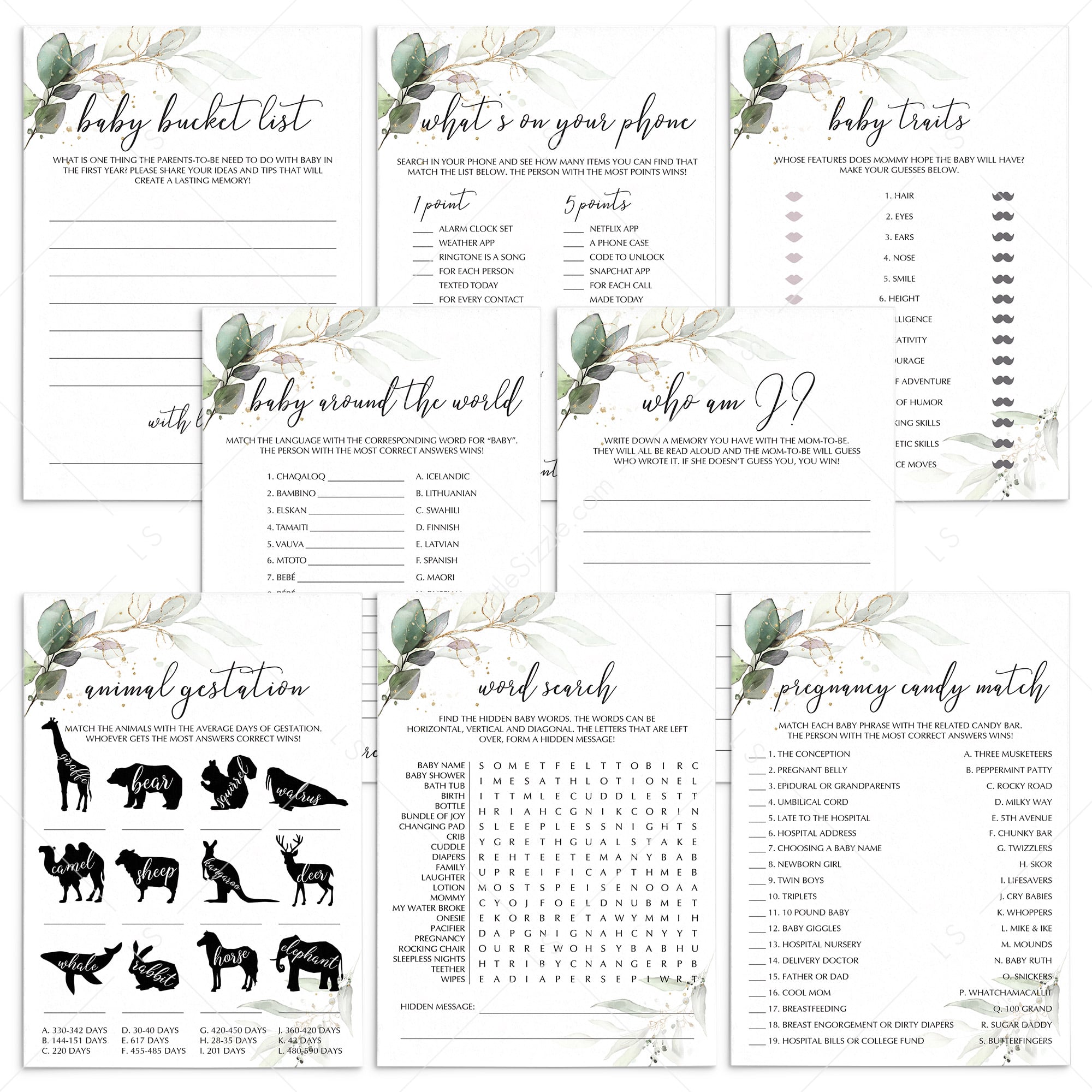 Greenery and Gold Baby Games Pack Printable DIY by LittleSizzle