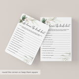 Greenery Bridal Shower Game Who Knows The Bride Best Instant Download