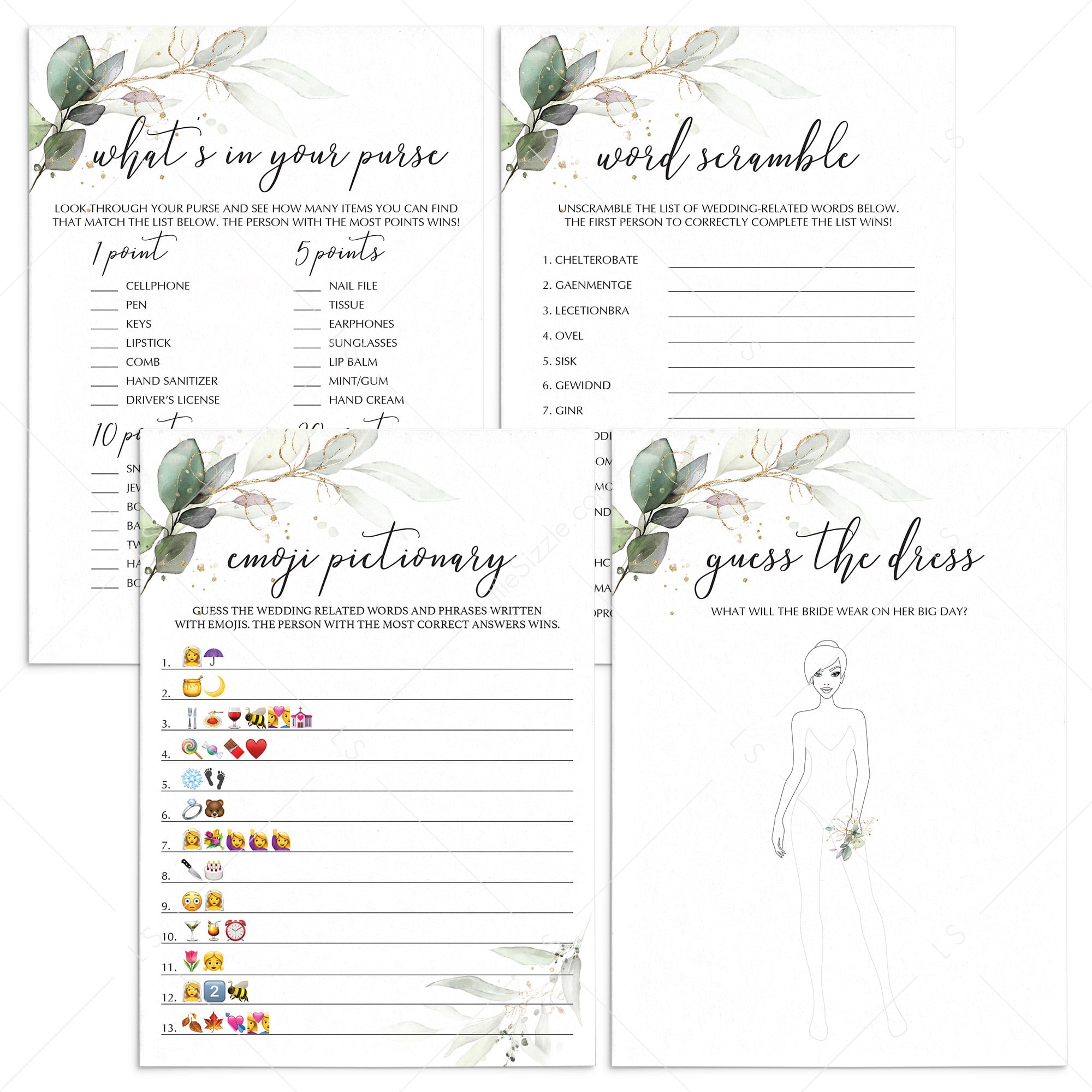Green Foliage Bridal Shower Games Bundle Printable by LittleSizzle