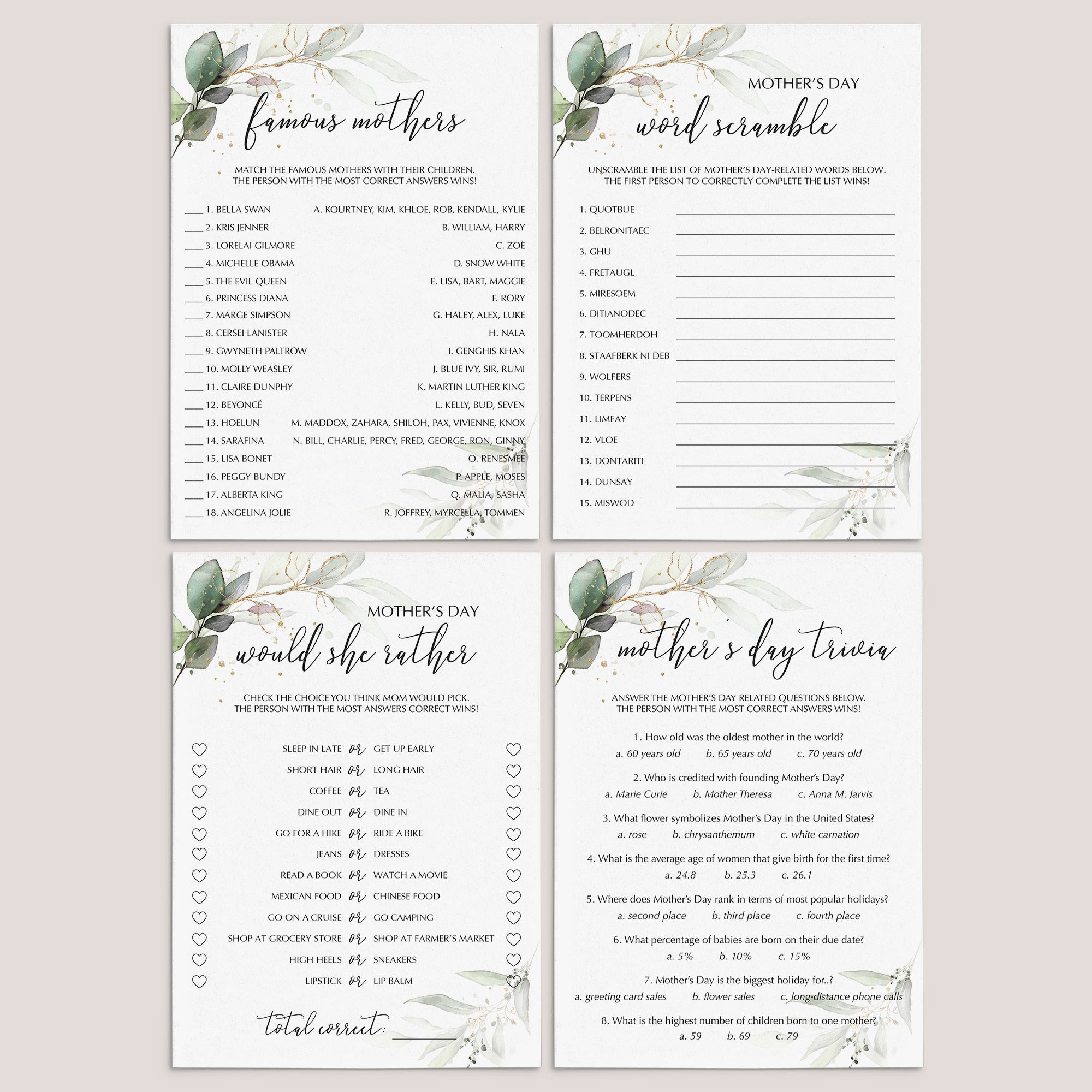 Greenery and Gold Mother's Day Game Bundle Digital Download by LittleSizzle