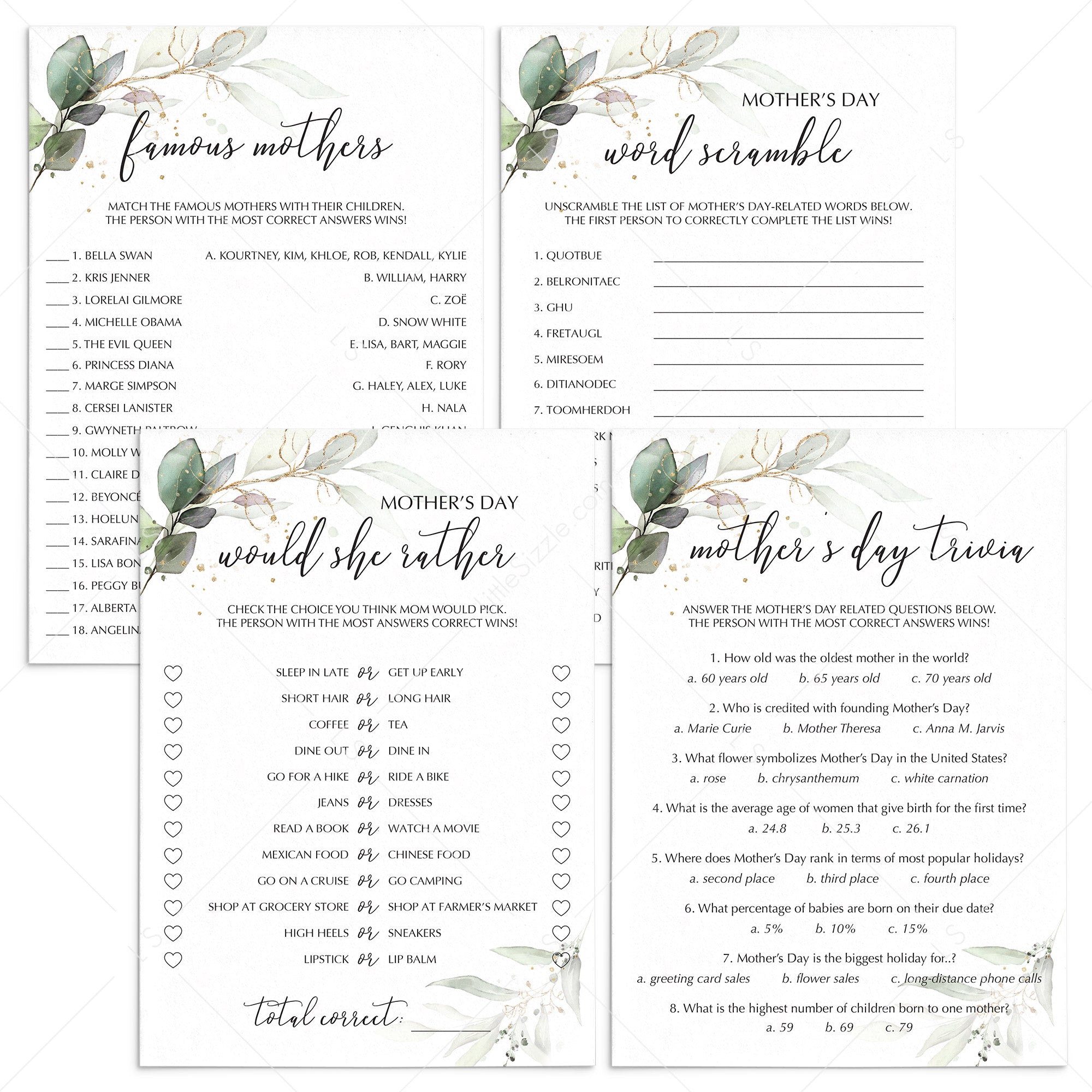 Greenery and Gold Mother's Day Game Bundle Digital Download by LittleSizzle