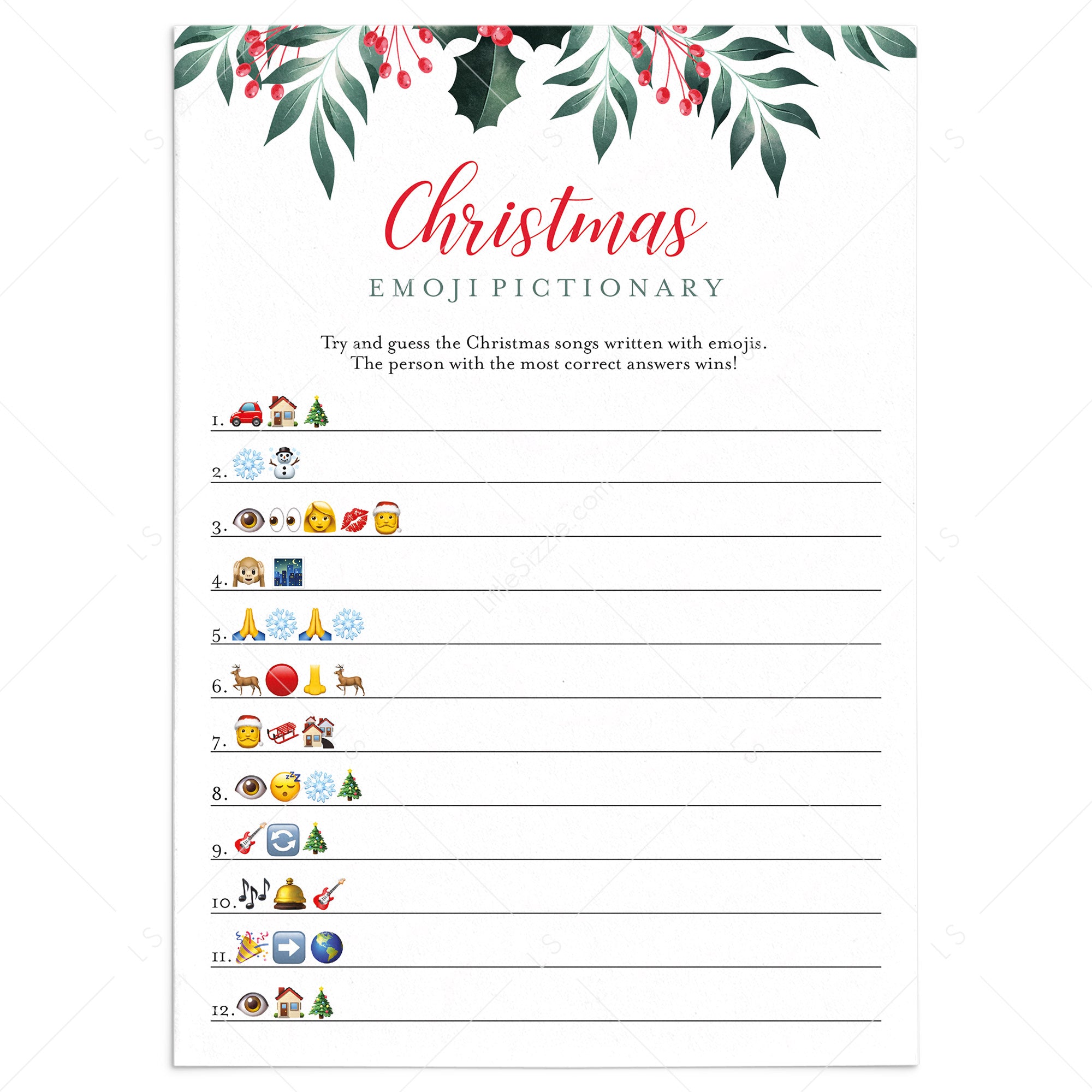 Greenery Christmas Emojis Game Printable by LittleSizzle