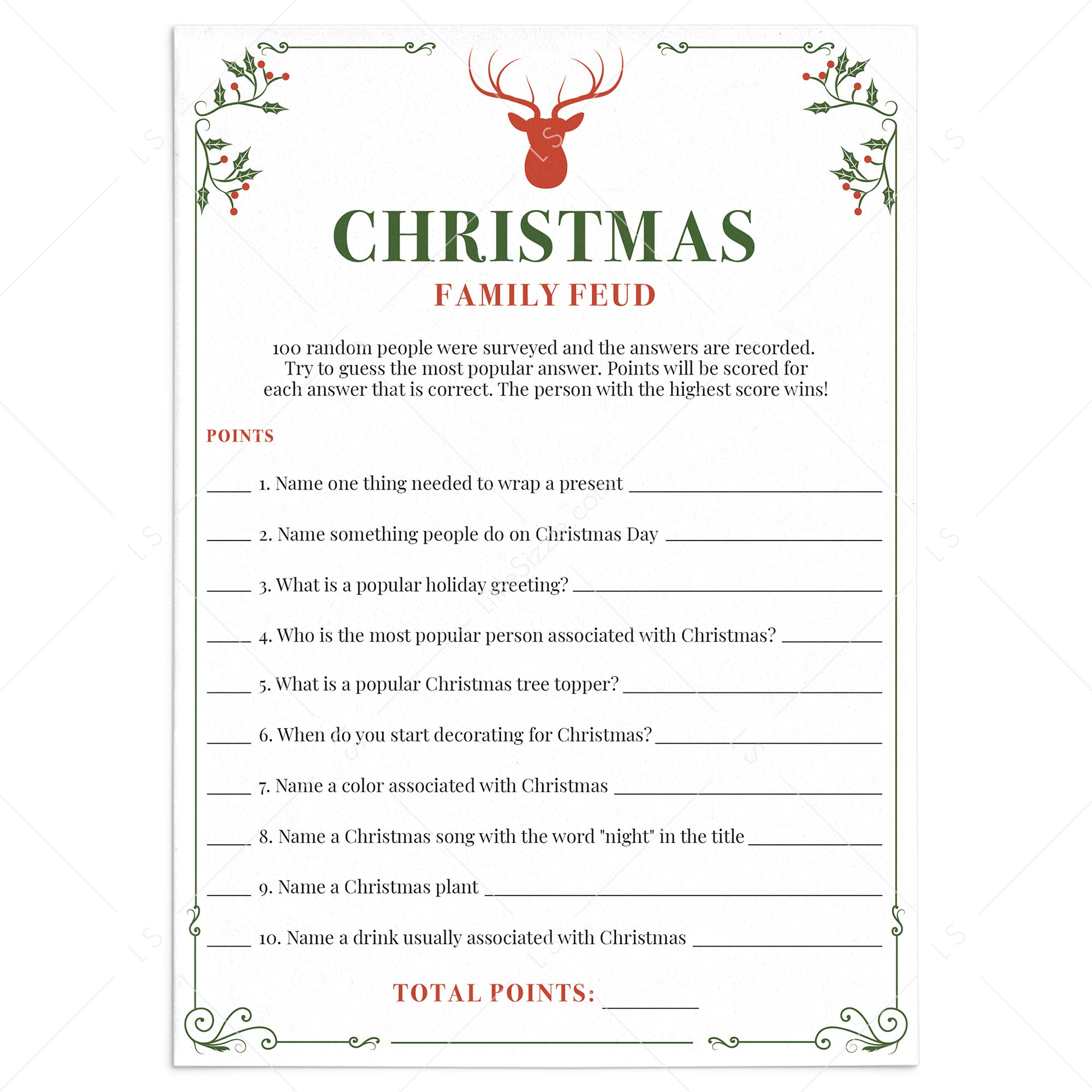 Christmas Family Feud Game Questions and Answers Printable LittleSizzle