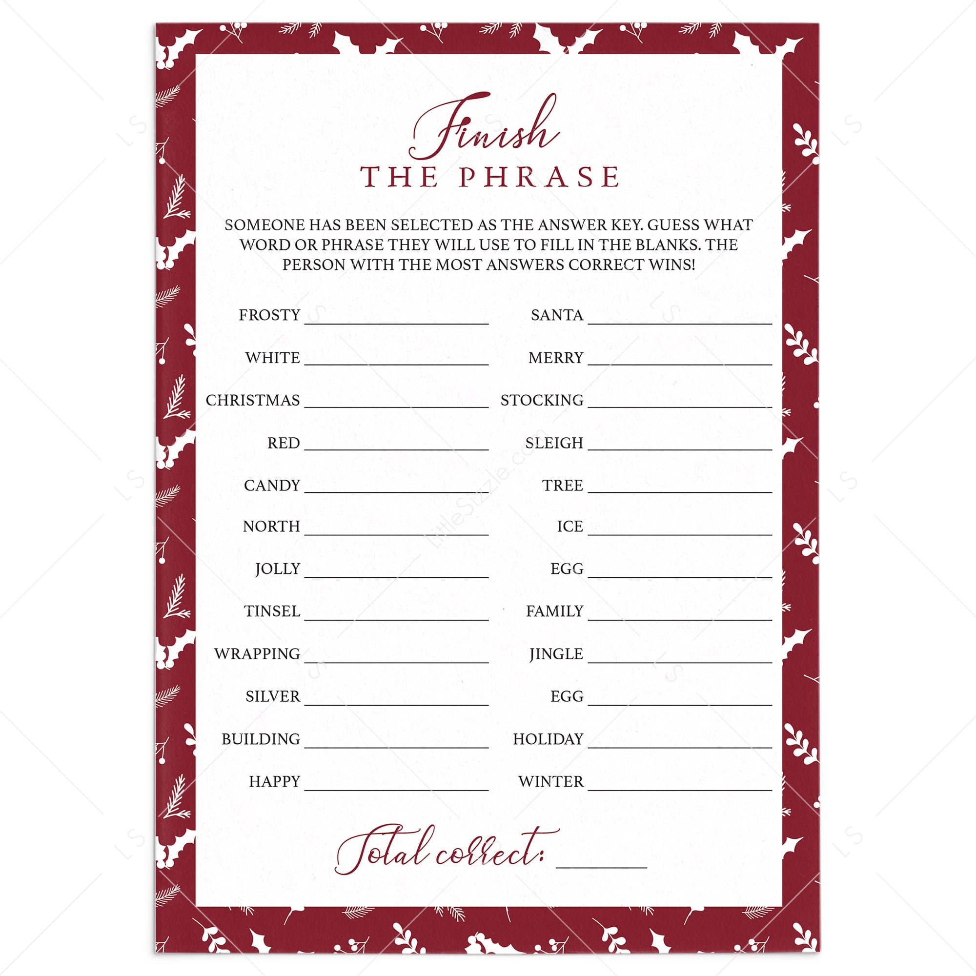 Christmas Finish The Phrase Game Printable by LittleSizzle