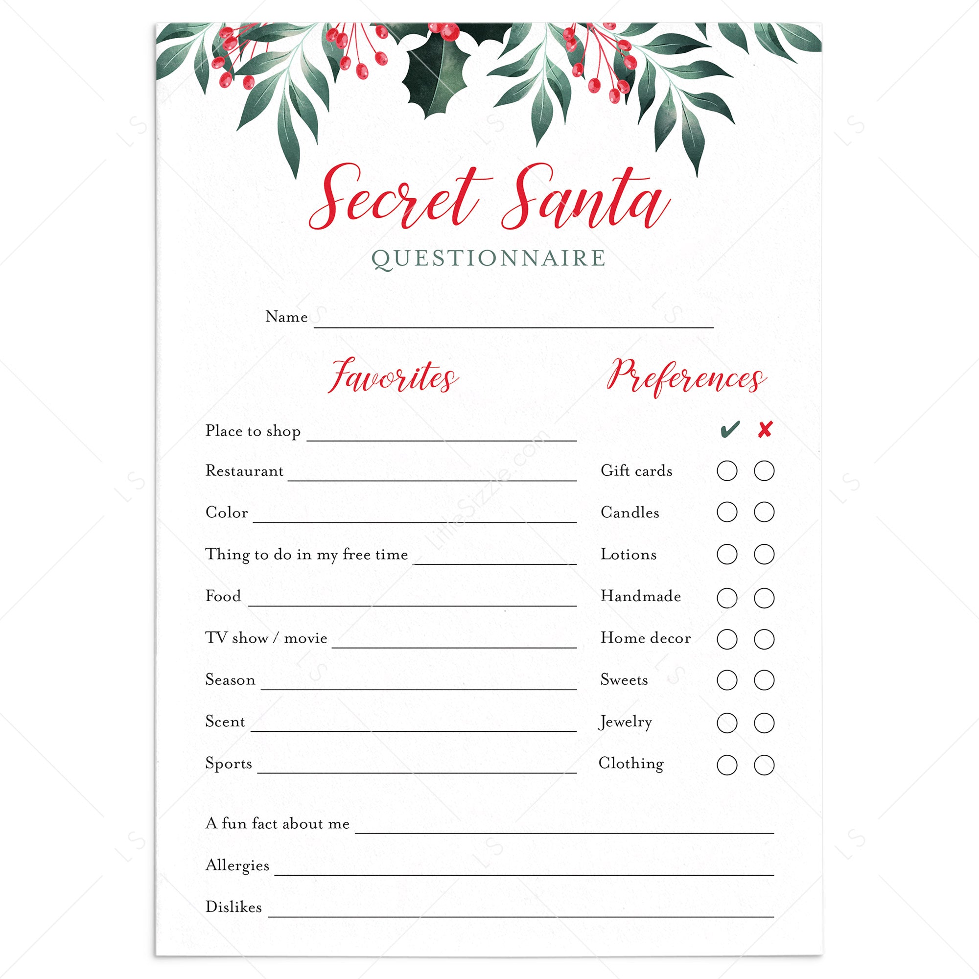 Printable Holiday Gift Exchange Secret Santa Questions LittleSizzle