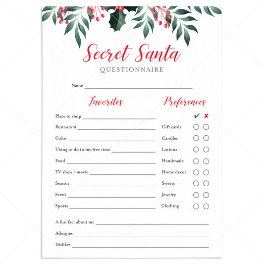 Printable Holiday Gift Exchange Secret Santa Questions by LittleSizzle