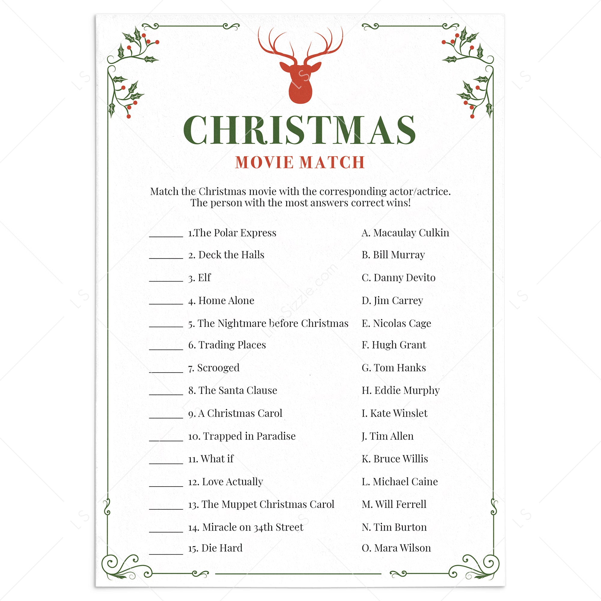 Christmas Game For Adults Printable Xmas Movie Match by LittleSizzle