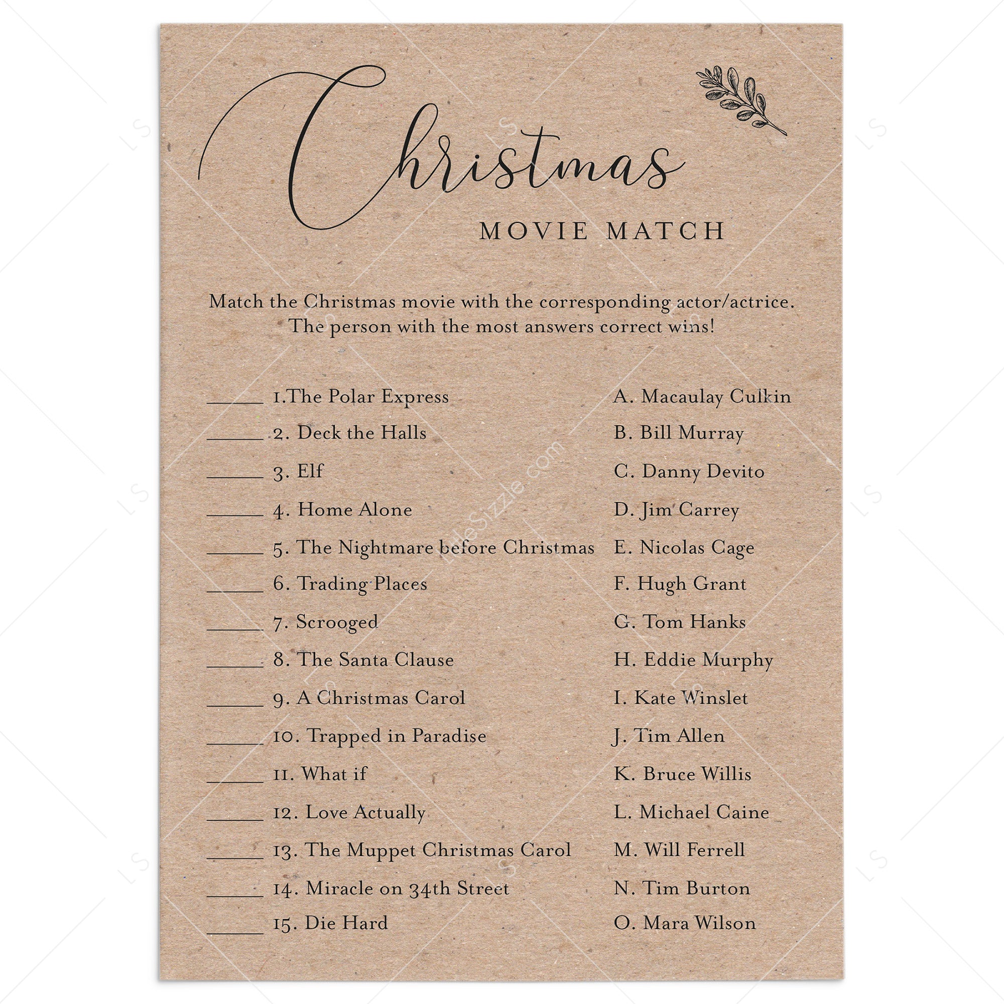 Rustic Christmas Game Printable Movie Trivia by LittleSizzle