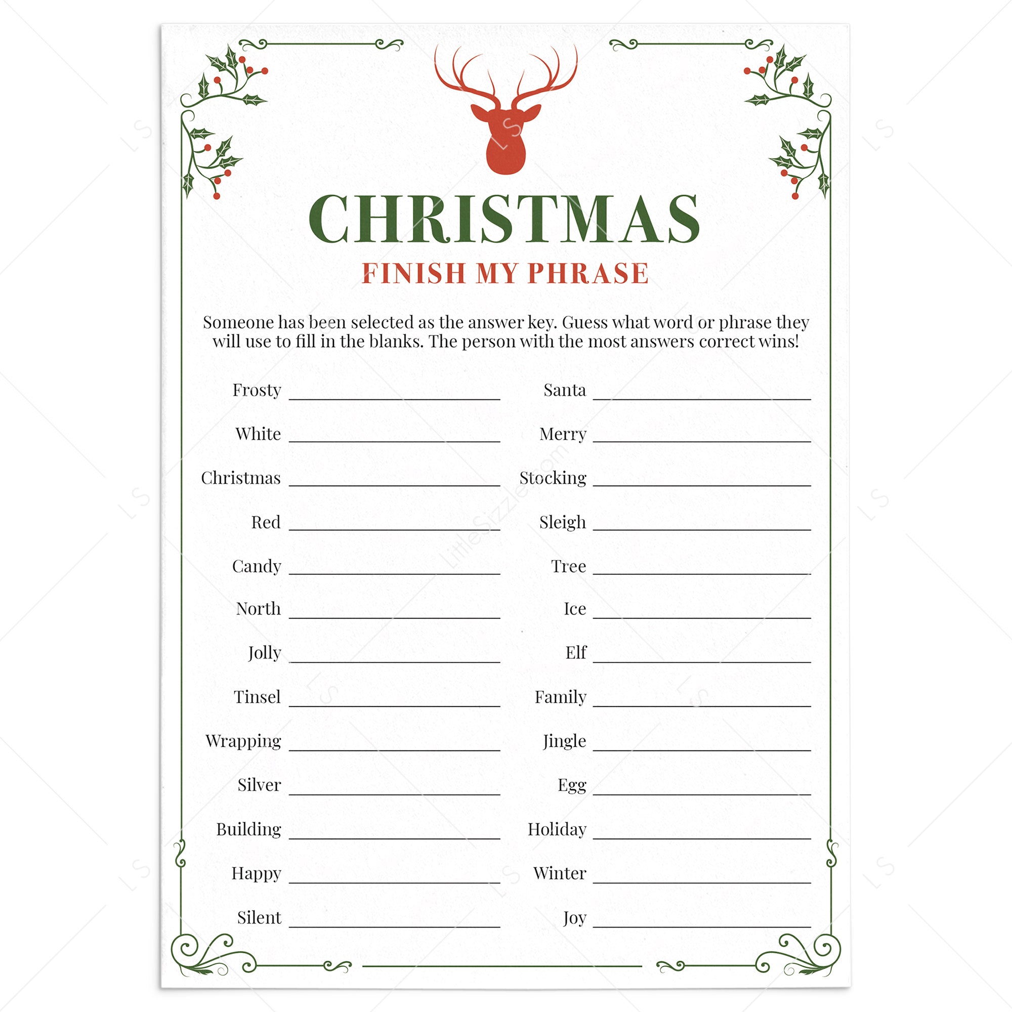 Kids Christmas Game Printable Finish My Phrase by LittleSizzle