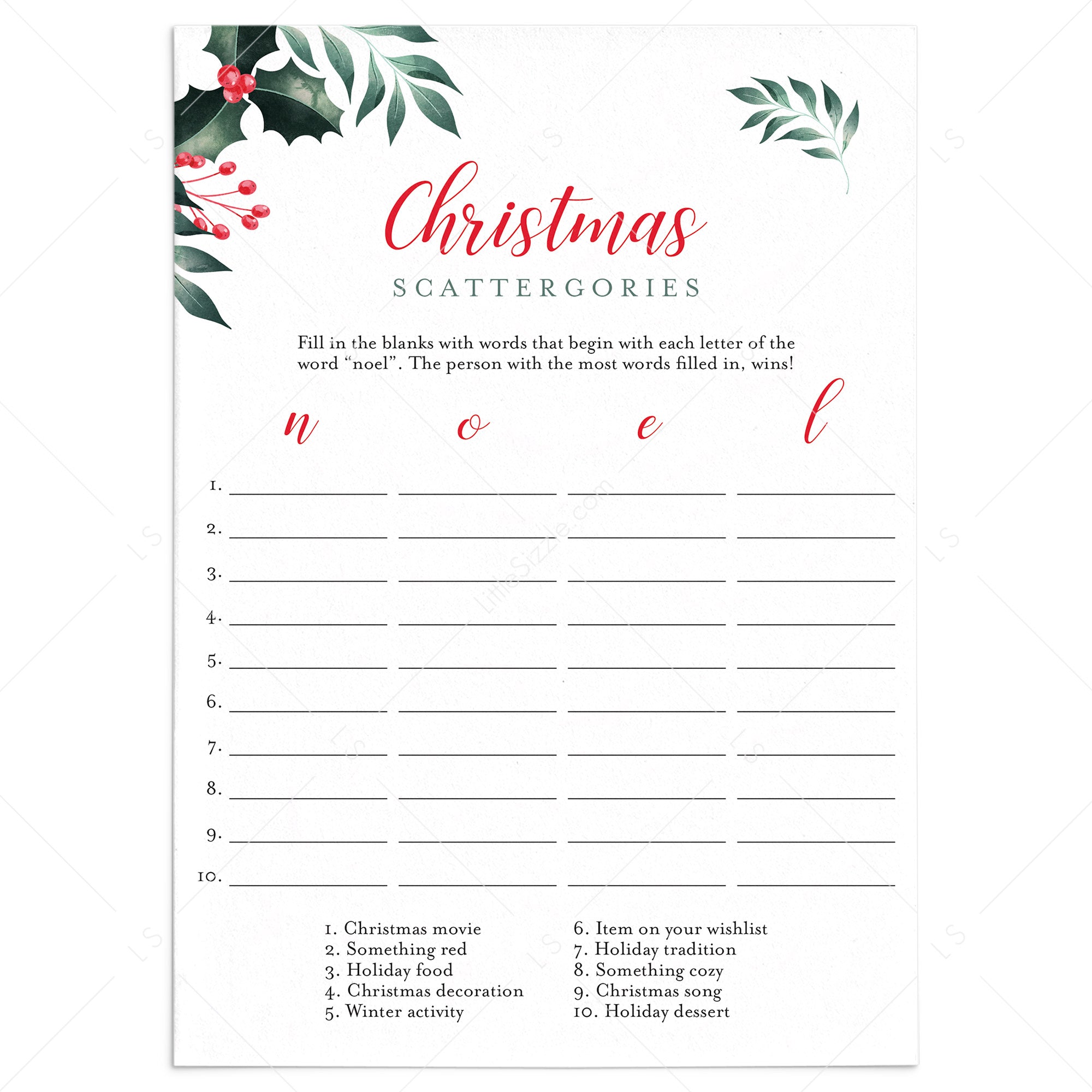 Printable Holiday Party Game Scattergories by LittleSizzle