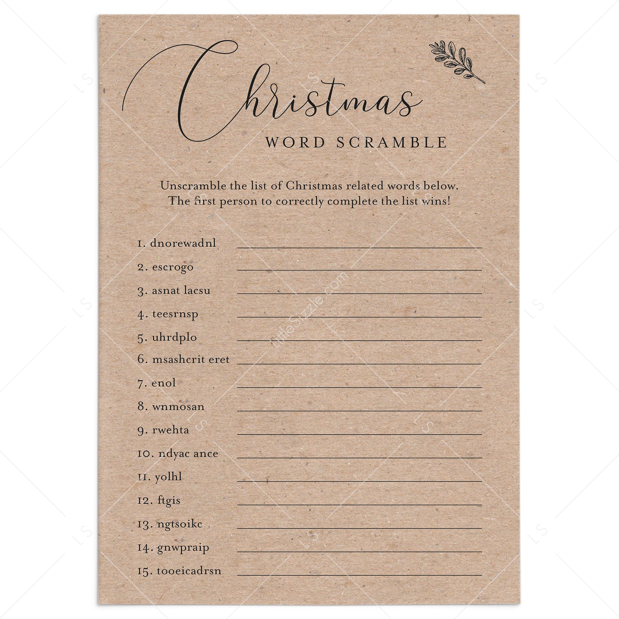 Word Scramble Christmas Game Rustic Kraft Printable by LittleSizzle