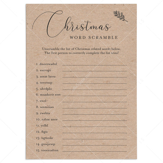 Word Scramble Christmas Game Rustic Kraft Printable by LittleSizzle