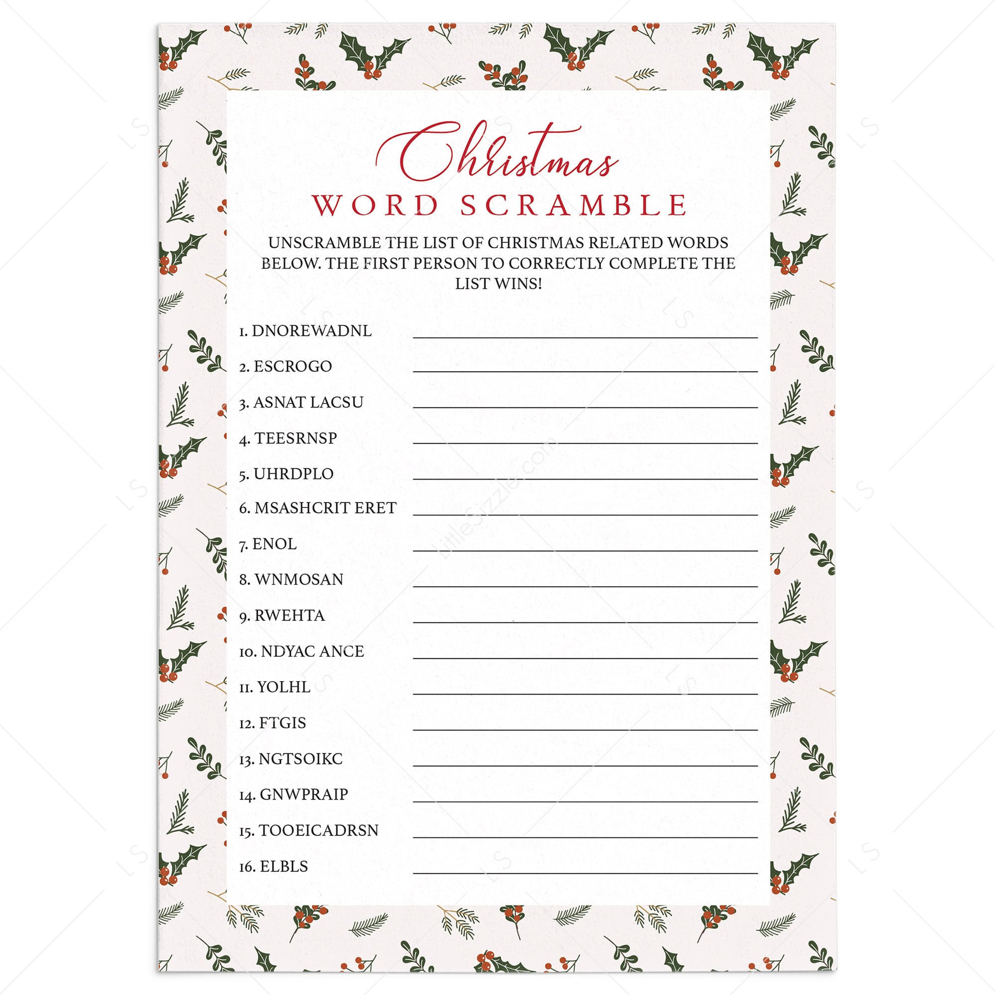 Unscramble The Christmas Words Game Printable by LittleSizzle