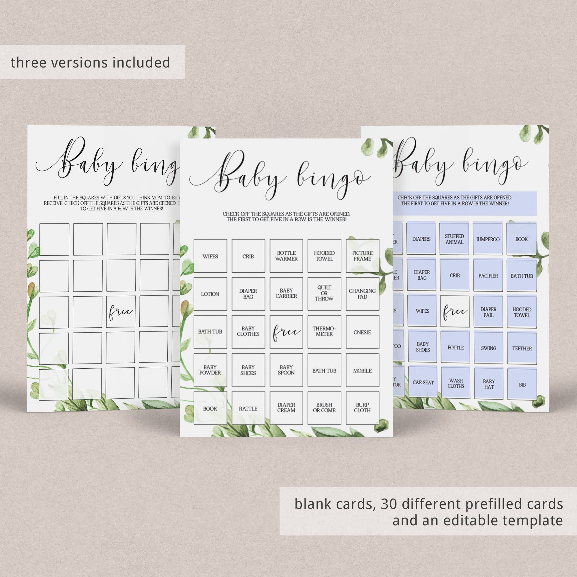 Printable baby bingo game cards blank and prefilled by LittleSizzle