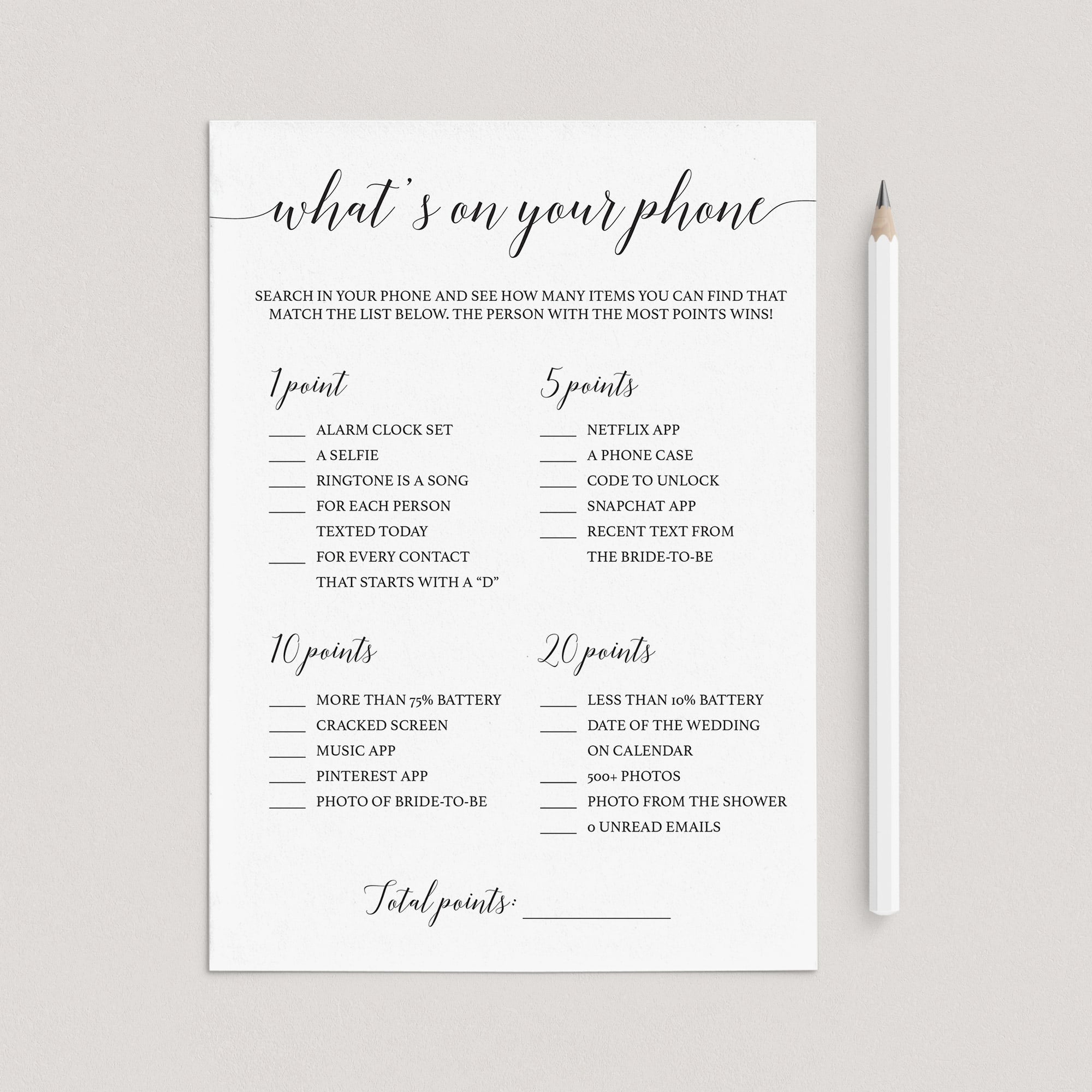 Modern Bridal Shower Game What's On Your Phone Printable by LittleSizzle