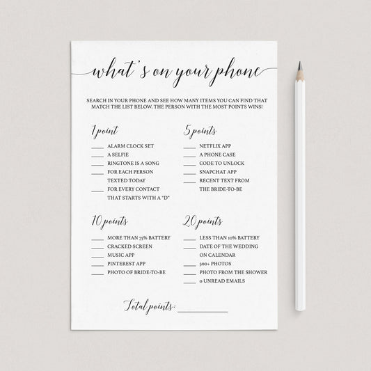 Modern Bridal Shower Game What's On Your Phone Printable by LittleSizzle